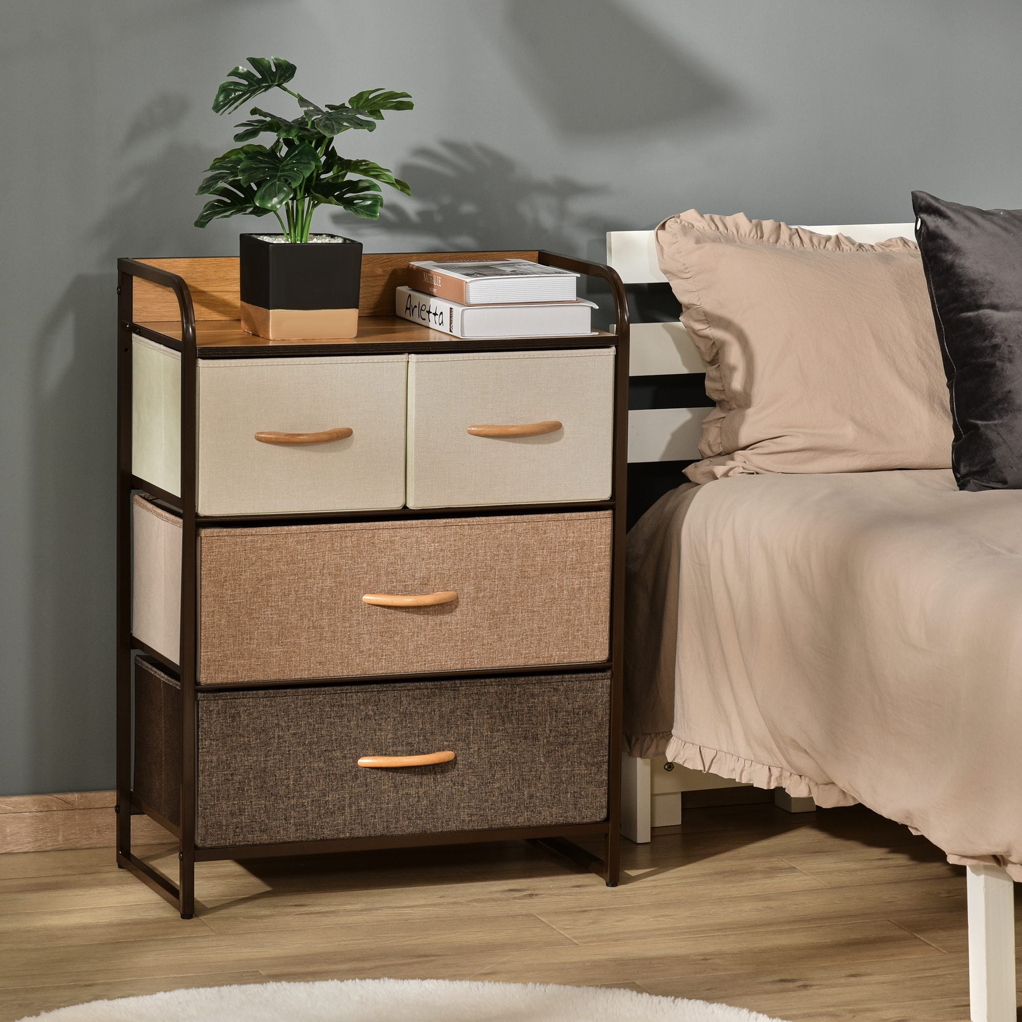 4-Drawer Dresser, Fabric Drawers, 3-Tier Storage Organizer for Bedroom Entryway, Tower Unit with Steel Frame and Wooden Top, Maple Wood