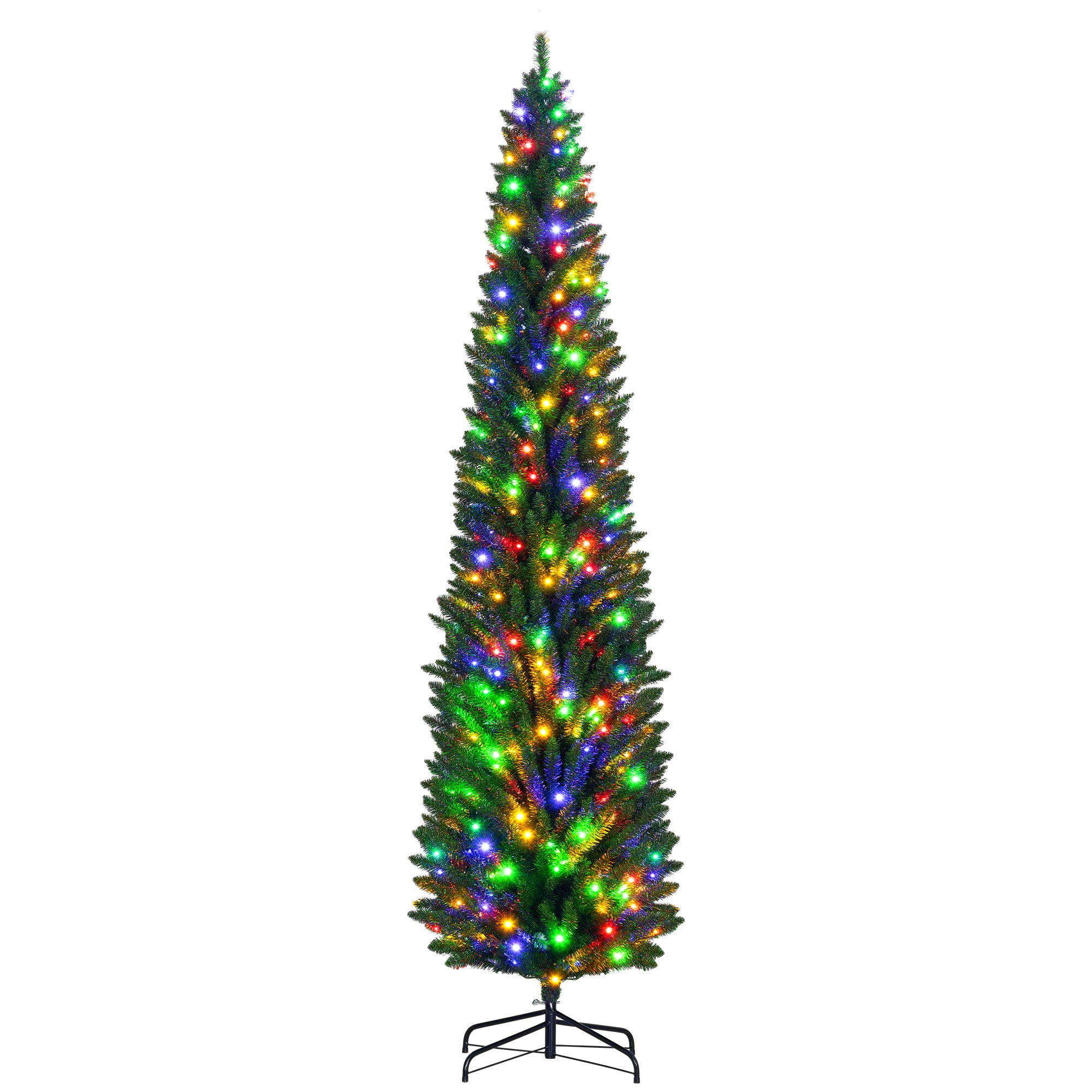 8ft Tall Pencil Prelit Artificial Christmas Tree Holiday Décor with 668 Branches, 250 Colorful LED Lights, Steel Base, Green
