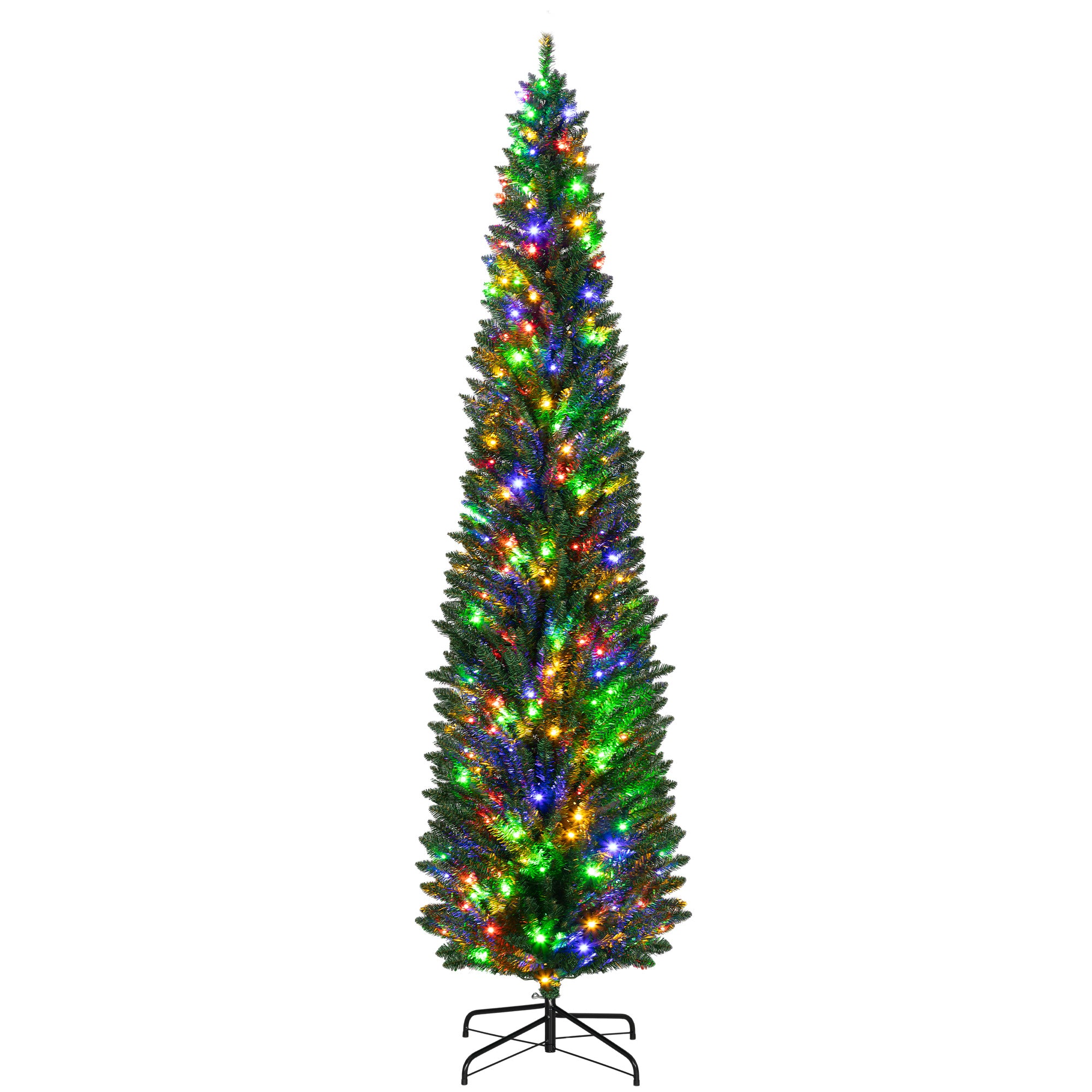 8ft Tall Pencil Prelit Artificial Christmas Tree Holiday Décor with 668 Branches, 250 Colorful LED Lights, Steel Base, Green