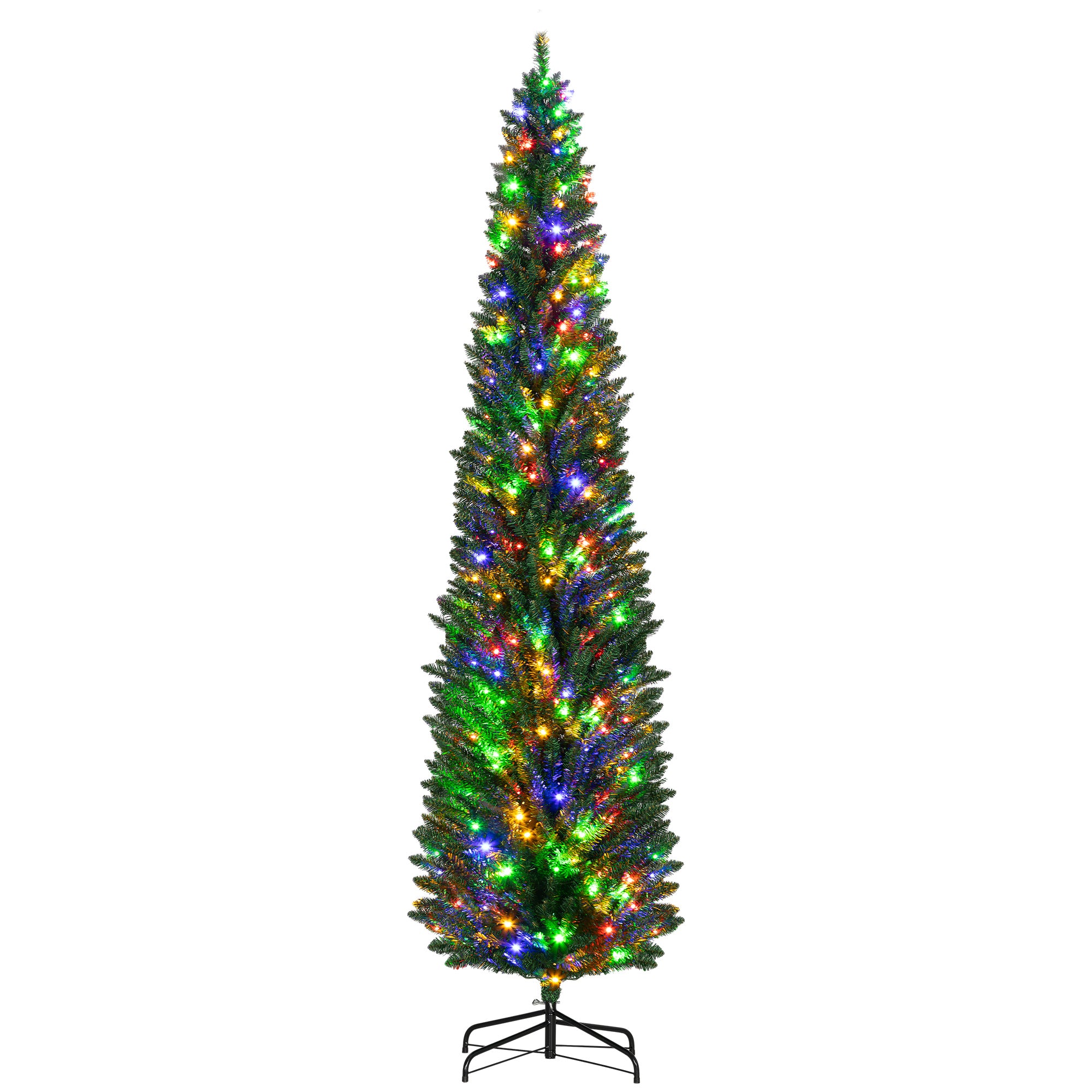 8ft Tall Pencil Prelit Artificial Christmas Tree Holiday Décor with 668 Branches, 250 Colorful LED Lights, Steel Base, Green