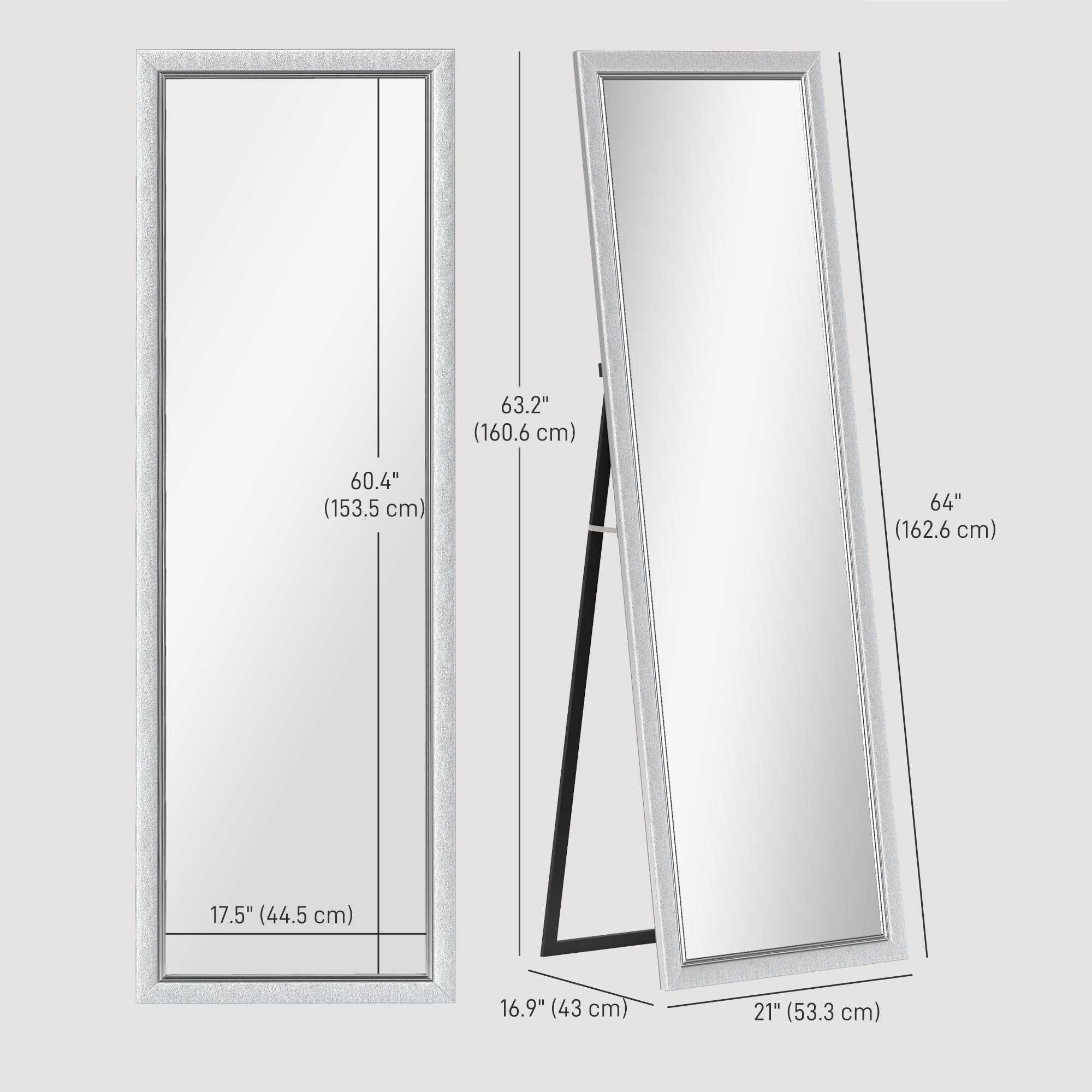 HOMCOM Full Length Mirror, 64" x 21" Full Body Mirror with Frame, Free Standing, Leaning or Wall Mirror for Living Room, Bedroom, Silver