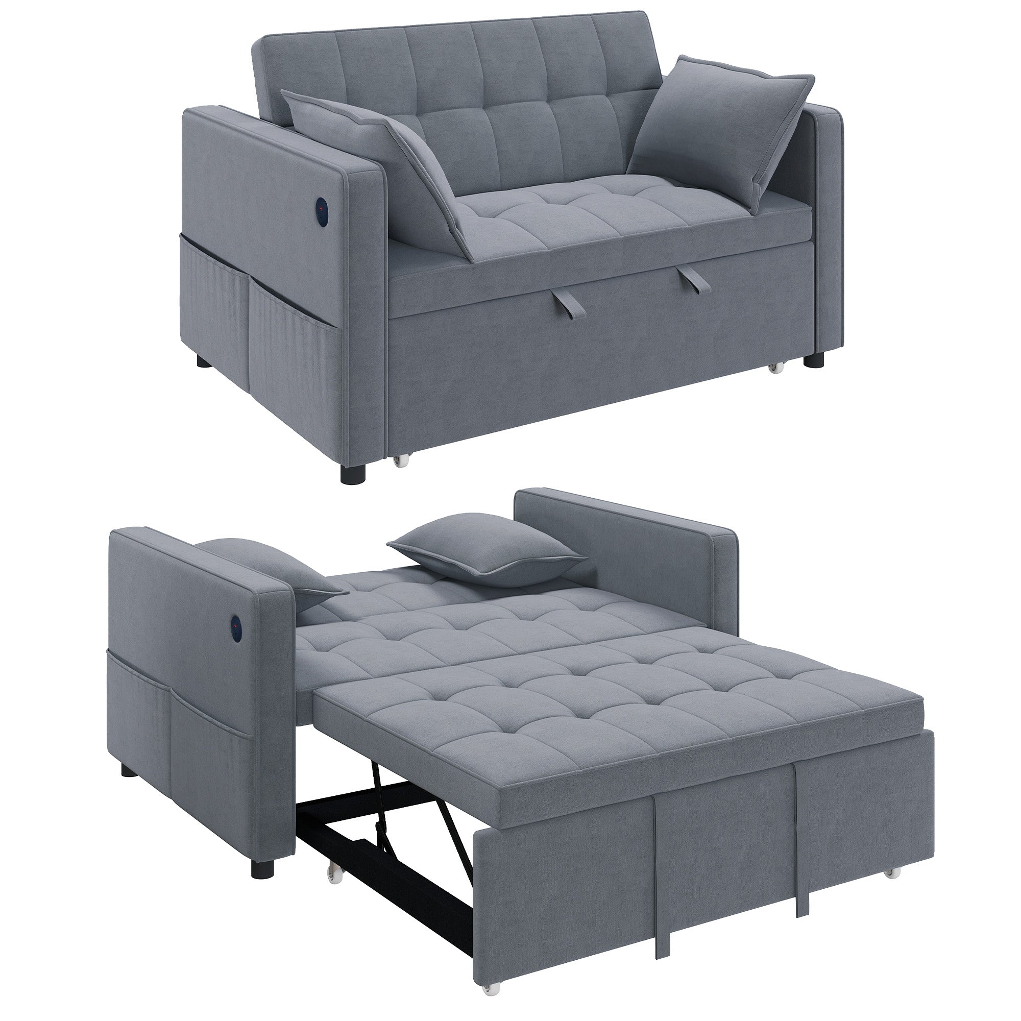 3βinβ1 Convertible Sofa Bed, Pull Out Sleeper Sofa with USB Charging, Adjustable Backrest, Side Pockets, Sleeper Couch for Living Room, Small Space, Apartment, Dark Grey