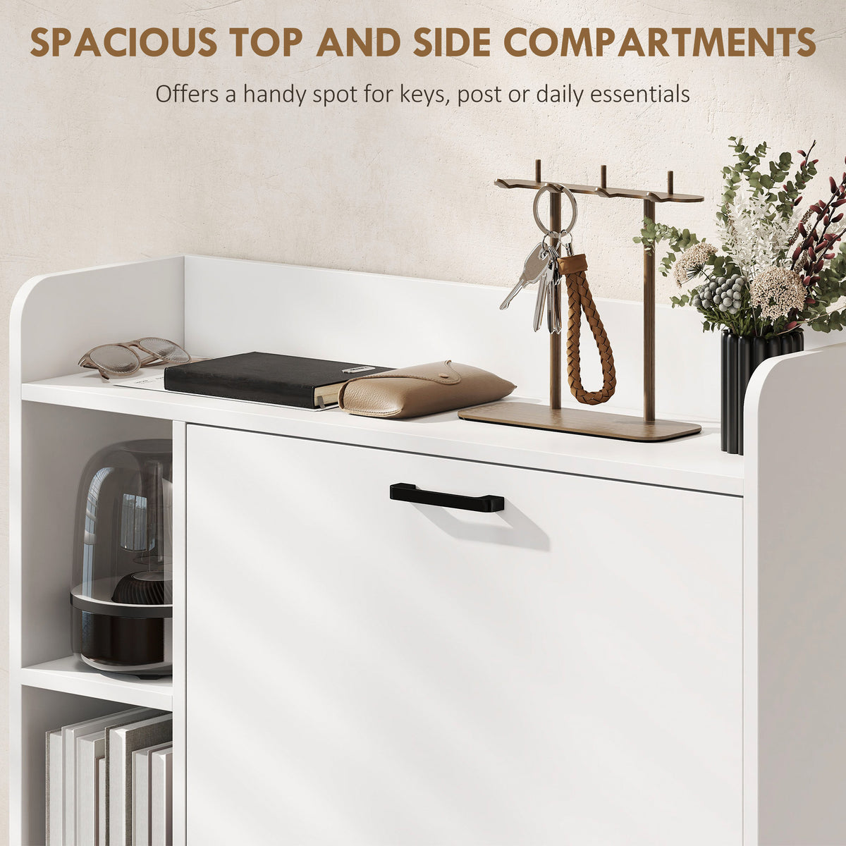 Modern Shoe Cabinet with 2 Flip Drawers, Narrow Shoe Storage Cabinet with Side Compartments and Adjustable Shelves, 8-12 Pairs, for Entryway Hallway, White