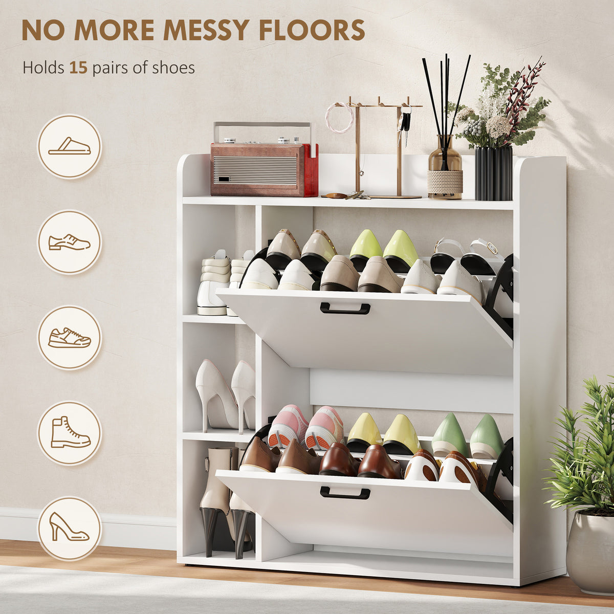Modern Shoe Cabinet with 2 Flip Drawers, Narrow Shoe Storage Cabinet with Side Compartments and Adjustable Shelves, 8-12 Pairs, for Entryway Hallway, White