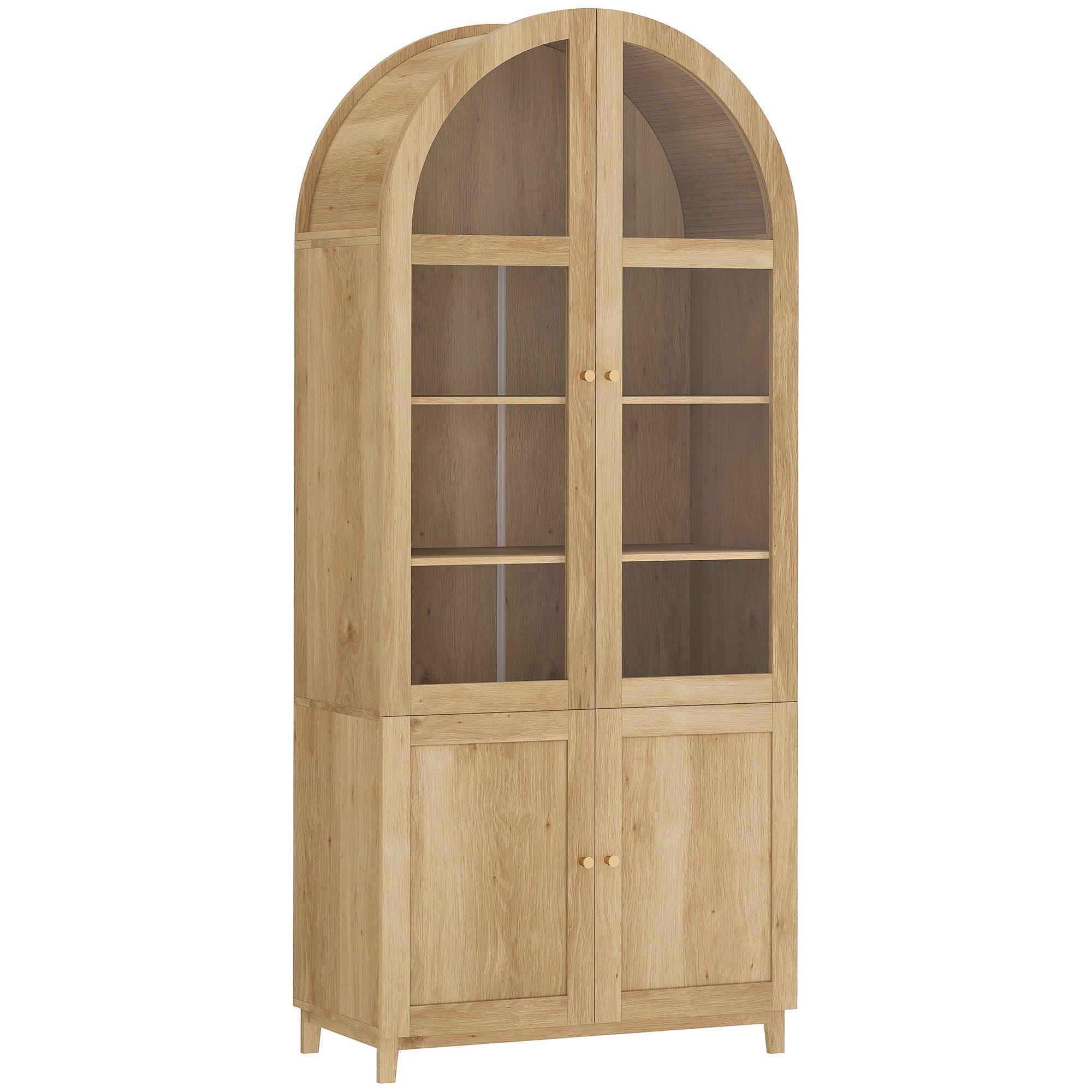 71" Tall Arched Kitchen Pantry Cabinet, Farmhouse Freestanding Kitchen Storage Cabinet with Adjustable Shelves, Acrylic Doors for Living Room, Dining Room, Oak
