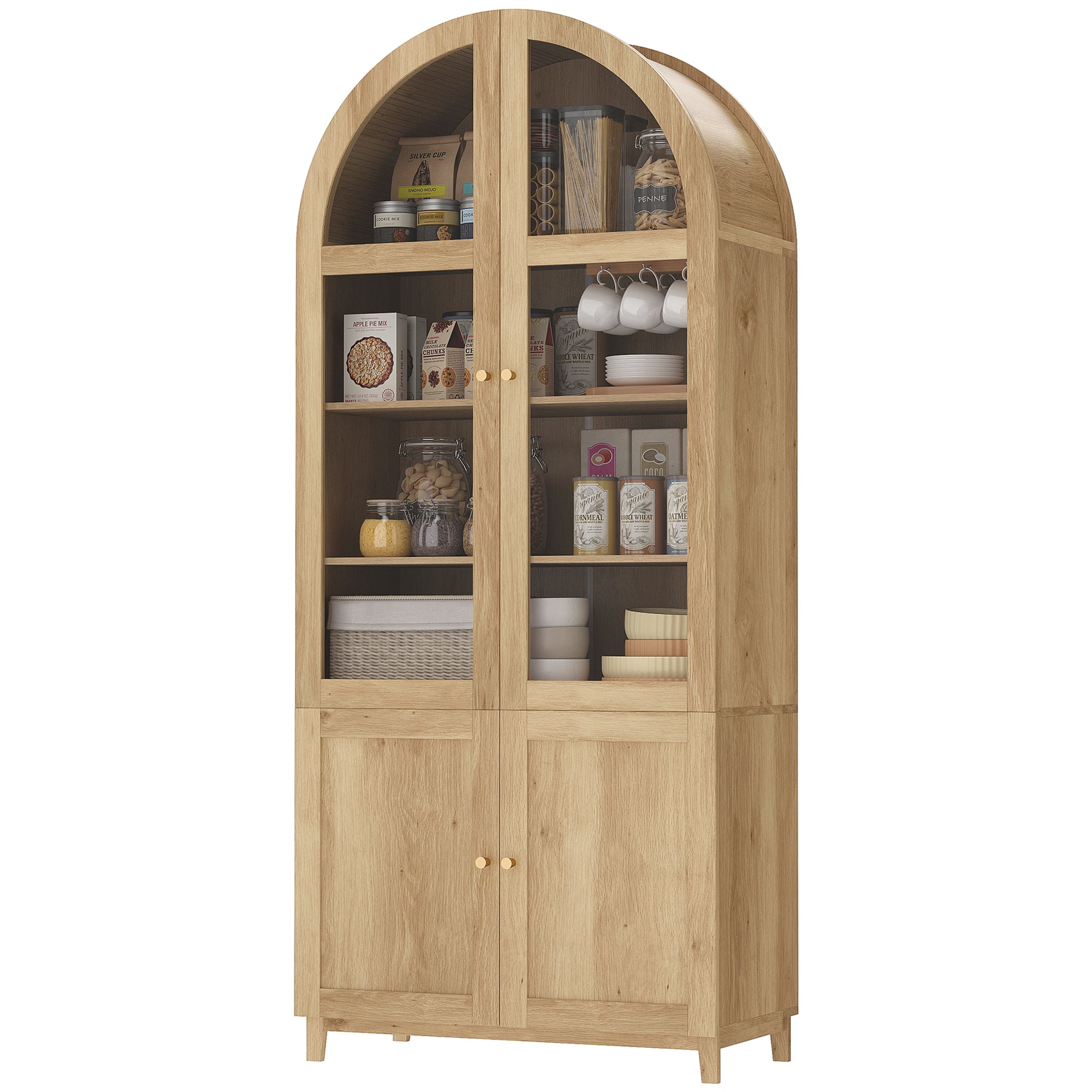 71" Tall Arched Kitchen Pantry Cabinet, Farmhouse Freestanding Kitchen Storage Cabinet with Adjustable Shelves, Acrylic Doors for Living Room, Dining Room, Oak