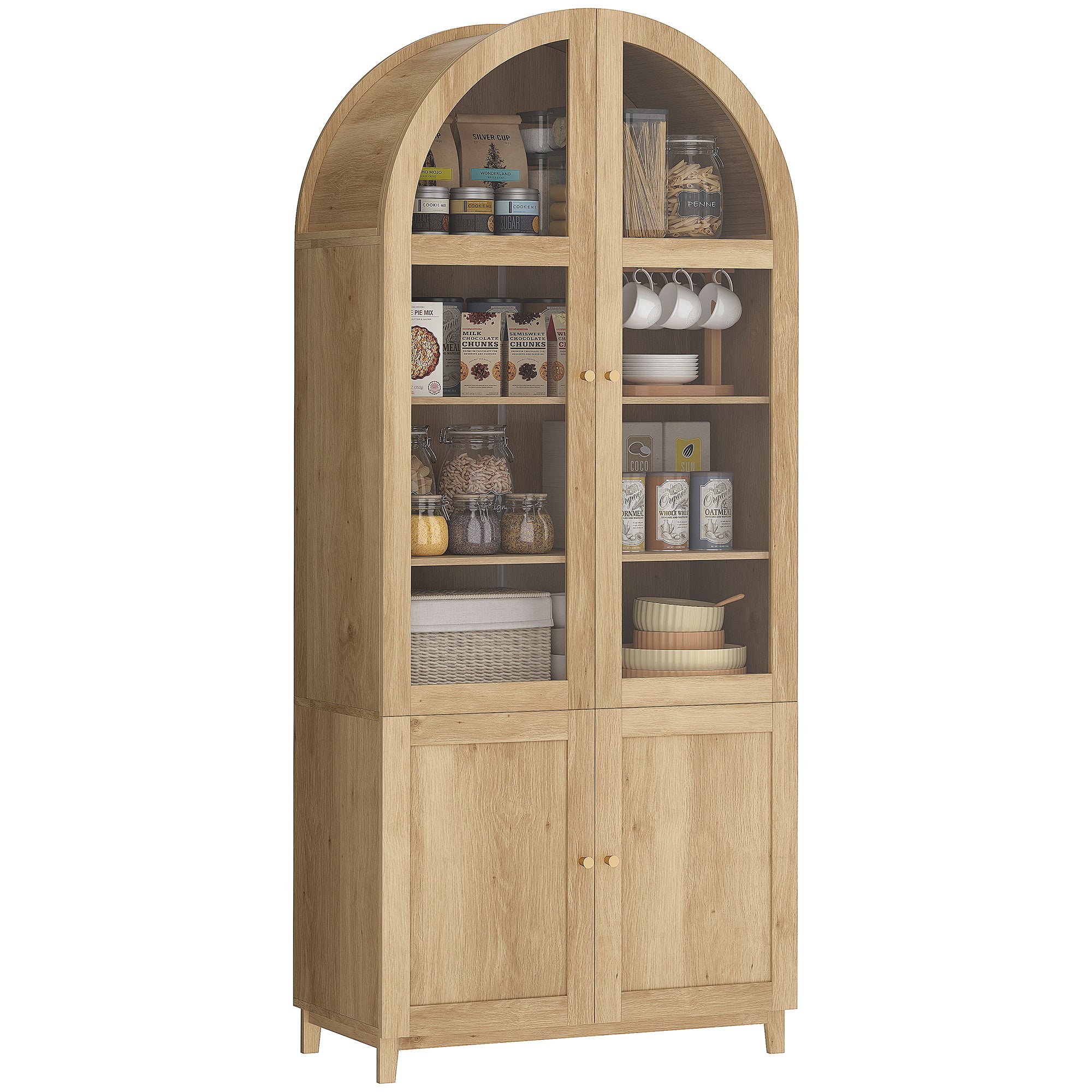 71" Tall Arched Kitchen Pantry Cabinet, Farmhouse Freestanding Kitchen Storage Cabinet with Adjustable Shelves, Acrylic Doors for Living Room, Dining Room, Oak