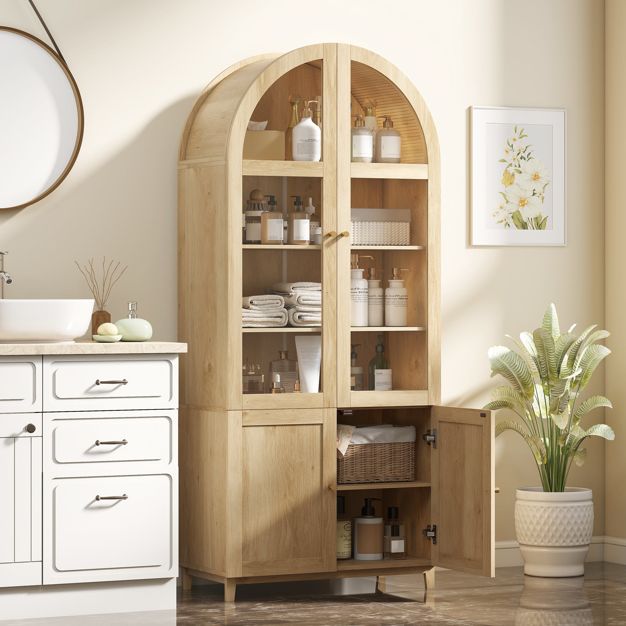 71" Tall Arched Kitchen Pantry Cabinet, Farmhouse Freestanding Kitchen Storage Cabinet with Adjustable Shelves, Acrylic Doors for Living Room, Dining Room, Oak