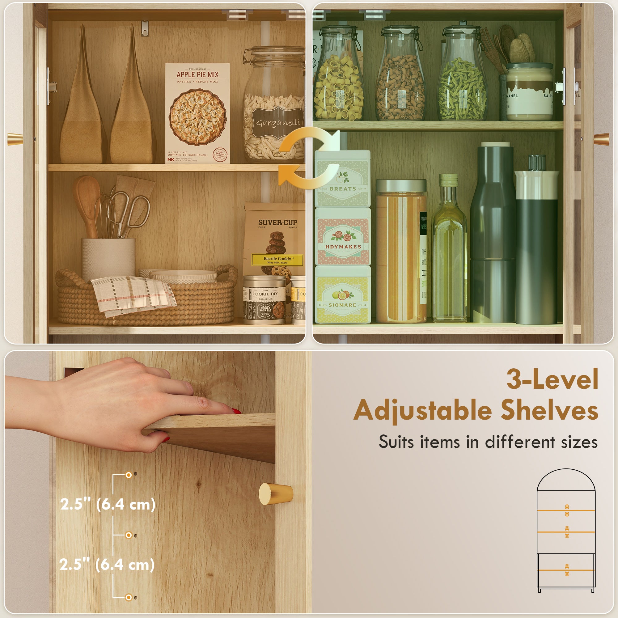 71" Tall Arched Kitchen Pantry Cabinet, Farmhouse Freestanding Kitchen Storage Cabinet with Adjustable Shelves, Acrylic Doors for Living Room, Dining Room, Oak