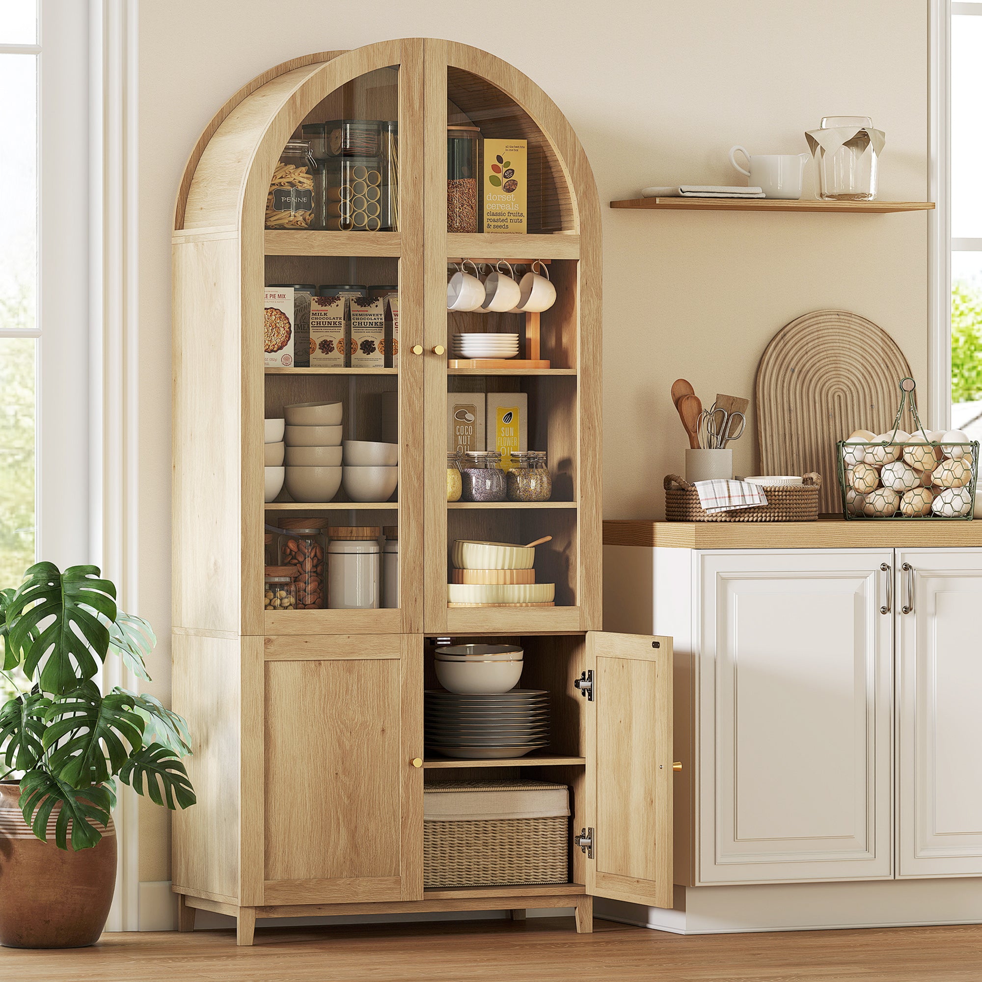 71" Tall Arched Kitchen Pantry Cabinet, Farmhouse Freestanding Kitchen Storage Cabinet with Adjustable Shelves, Acrylic Doors for Living Room, Dining Room, Oak