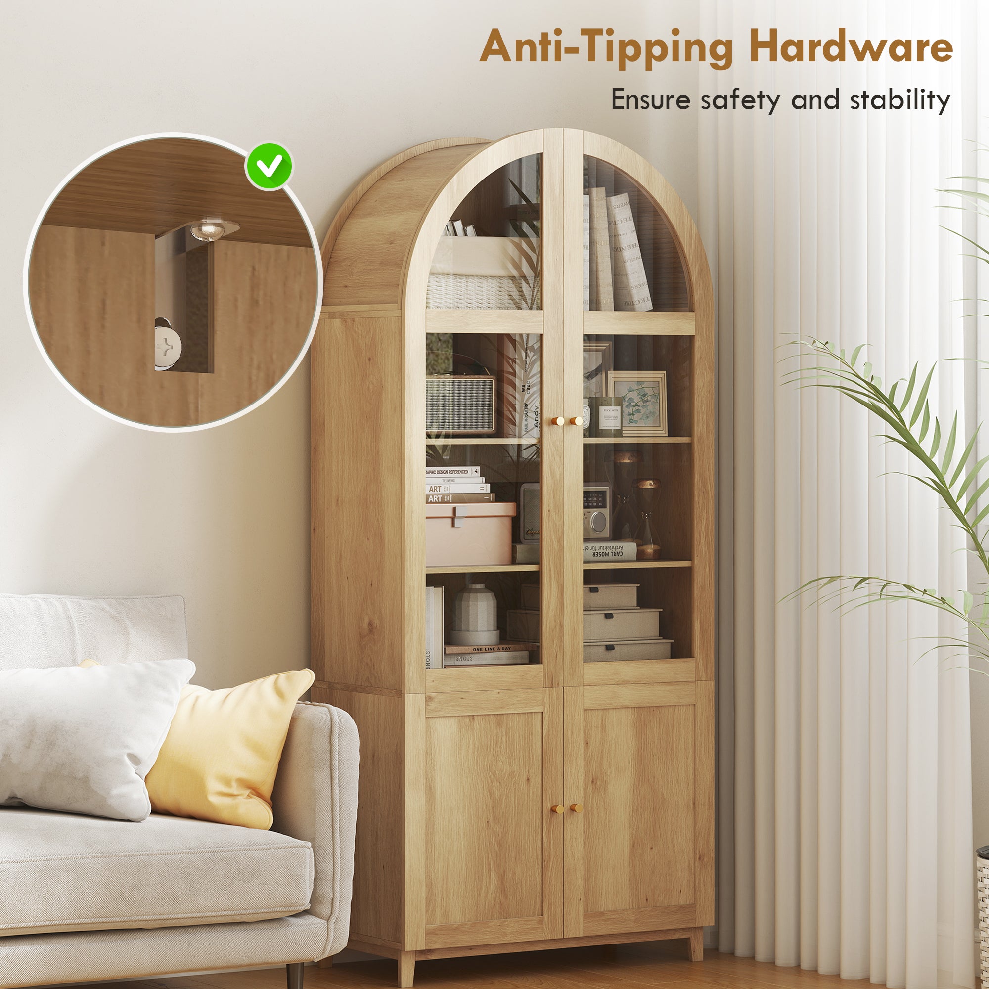 71" Tall Arched Kitchen Pantry Cabinet, Farmhouse Freestanding Kitchen Storage Cabinet with Adjustable Shelves, Acrylic Doors for Living Room, Dining Room, Oak