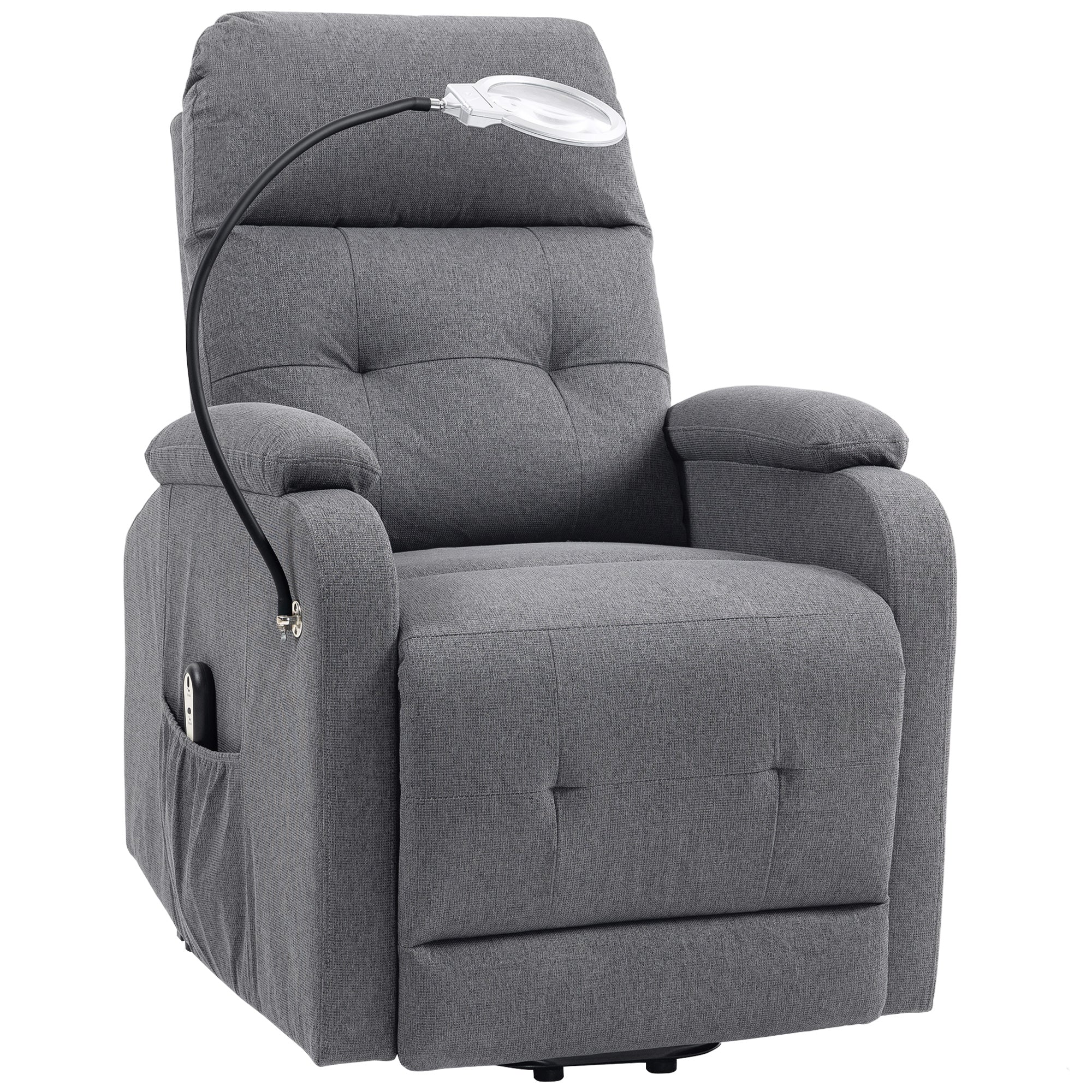 Lift Recliner Armchair for Elderly, Electric Recliner Chair with LED Magnifying Glass, Linen Fabric Riser Reclining Chair with Remote Control, Side Pockets for Living Room, Grey