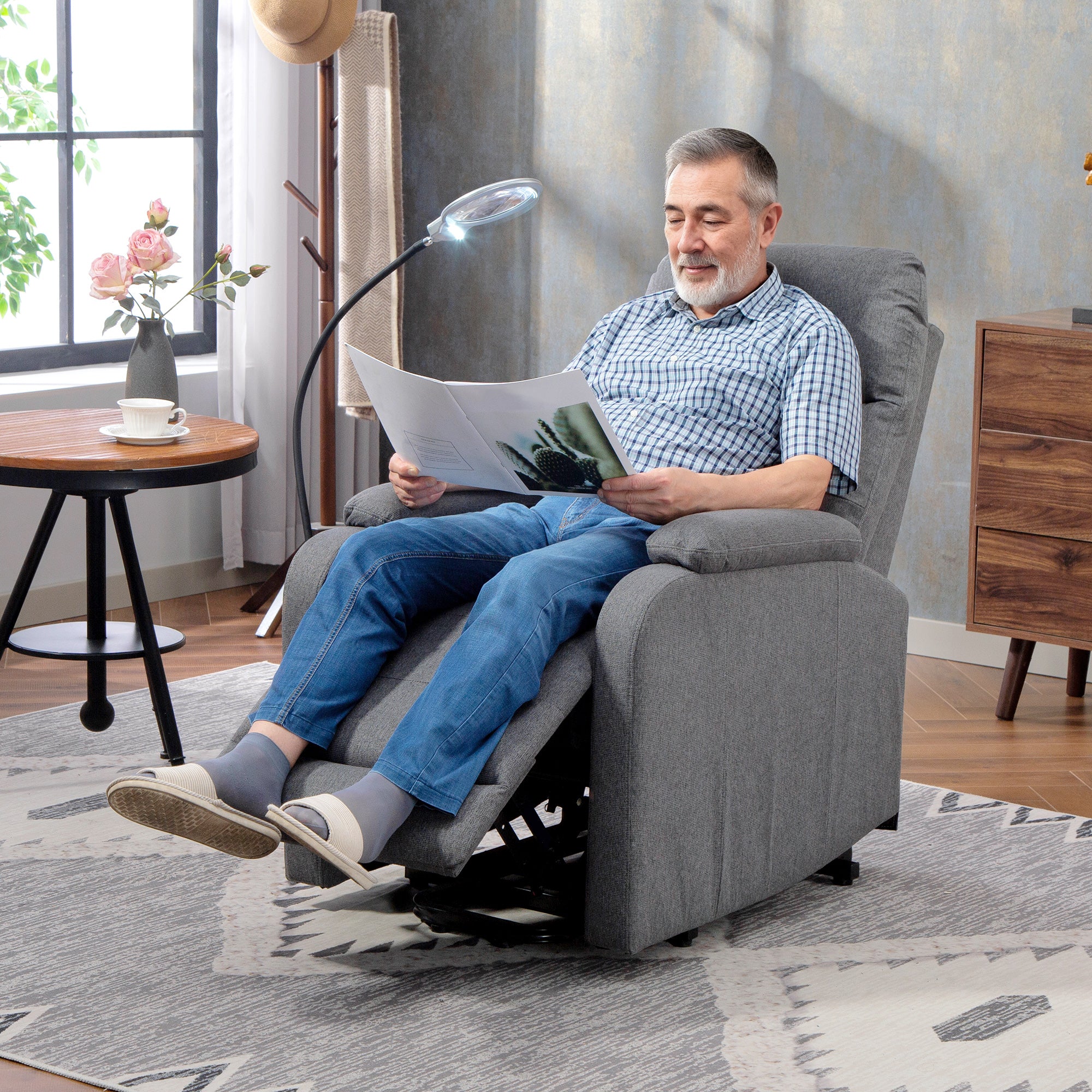 Lift Recliner Armchair for Elderly, Electric Recliner Chair with LED Magnifying Glass, Linen Fabric Riser Reclining Chair with Remote Control, Side Pockets for Living Room, Grey