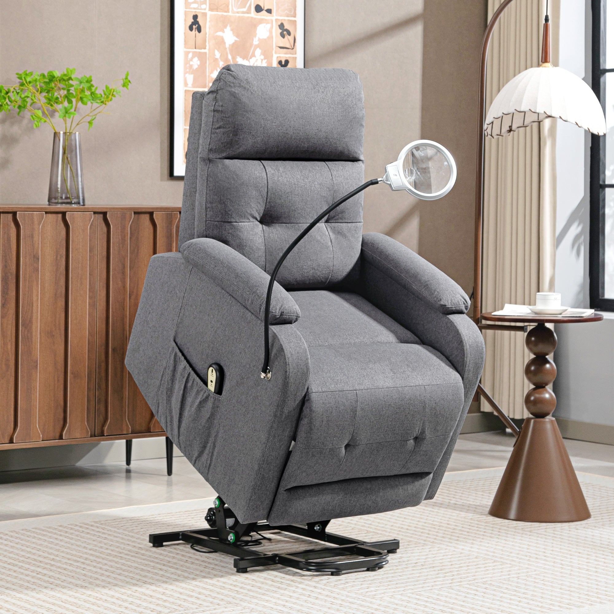Lift Recliner Armchair for Elderly, Electric Recliner Chair with LED Magnifying Glass, Linen Fabric Riser Reclining Chair with Remote Control, Side Pockets for Living Room, Grey