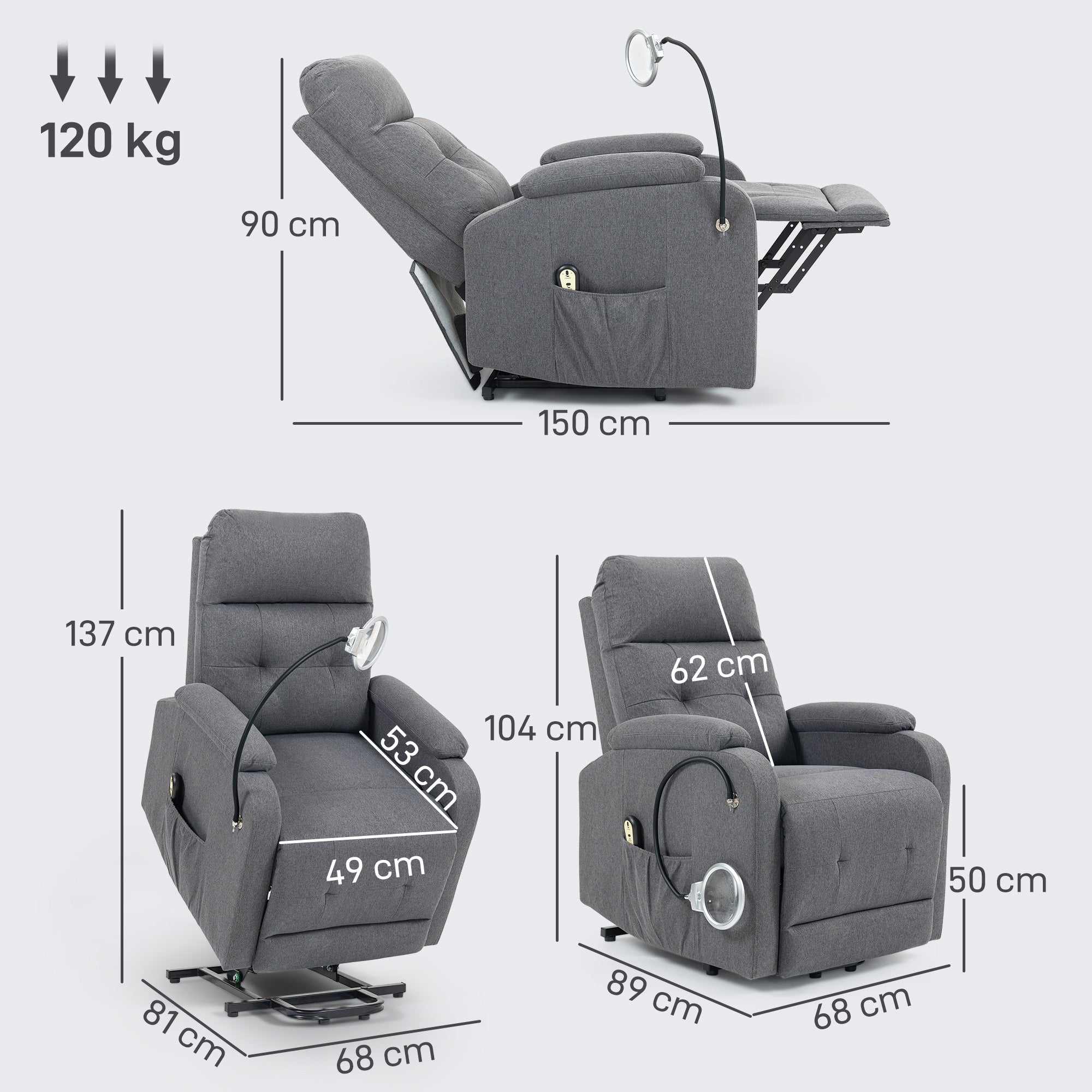 Lift Recliner Armchair for Elderly, Electric Recliner Chair with LED Magnifying Glass, Linen Fabric Riser Reclining Chair with Remote Control, Side Pockets for Living Room, Grey