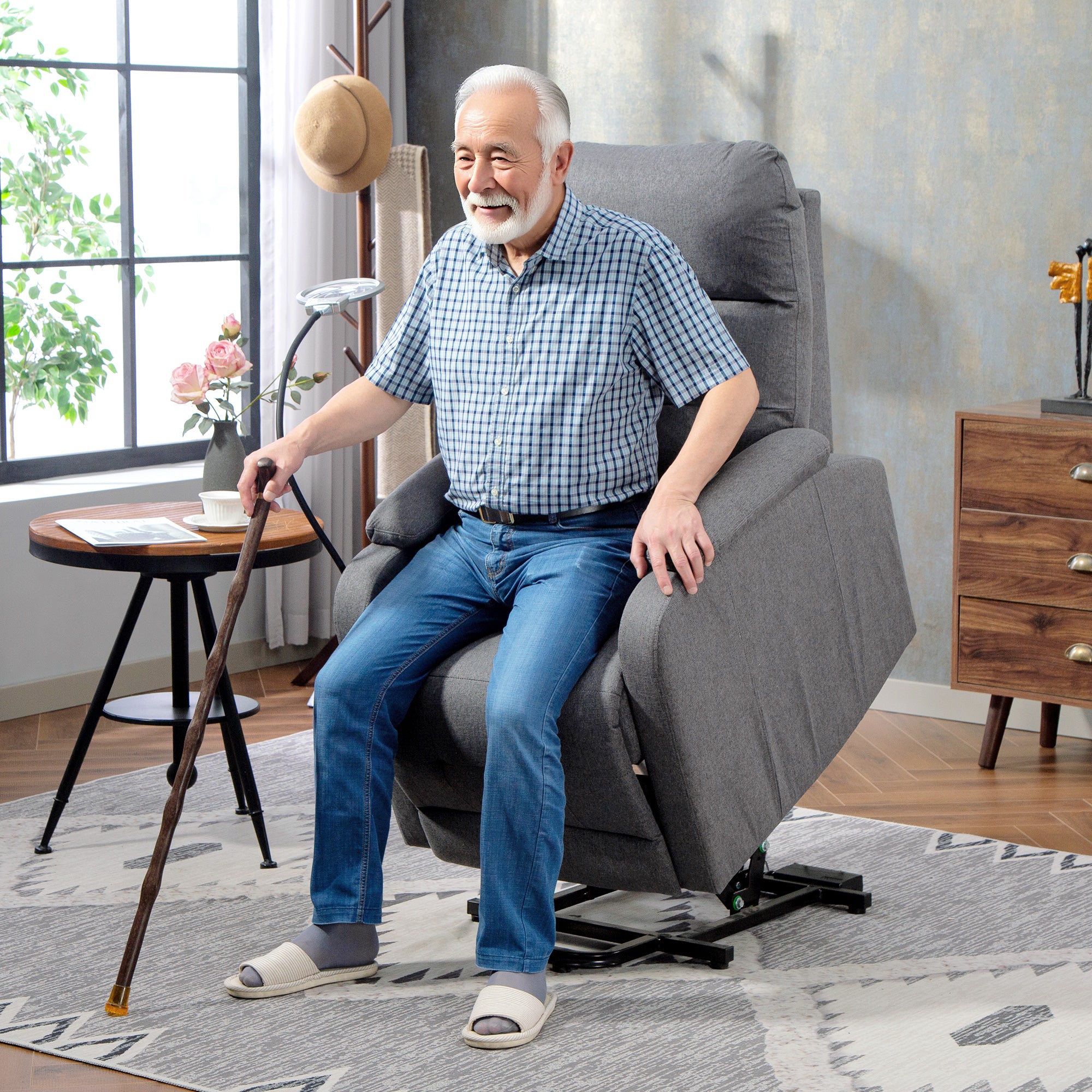 Lift Recliner Armchair for Elderly, Electric Recliner Chair with LED Magnifying Glass, Linen Fabric Riser Reclining Chair with Remote Control, Side Pockets for Living Room, Grey