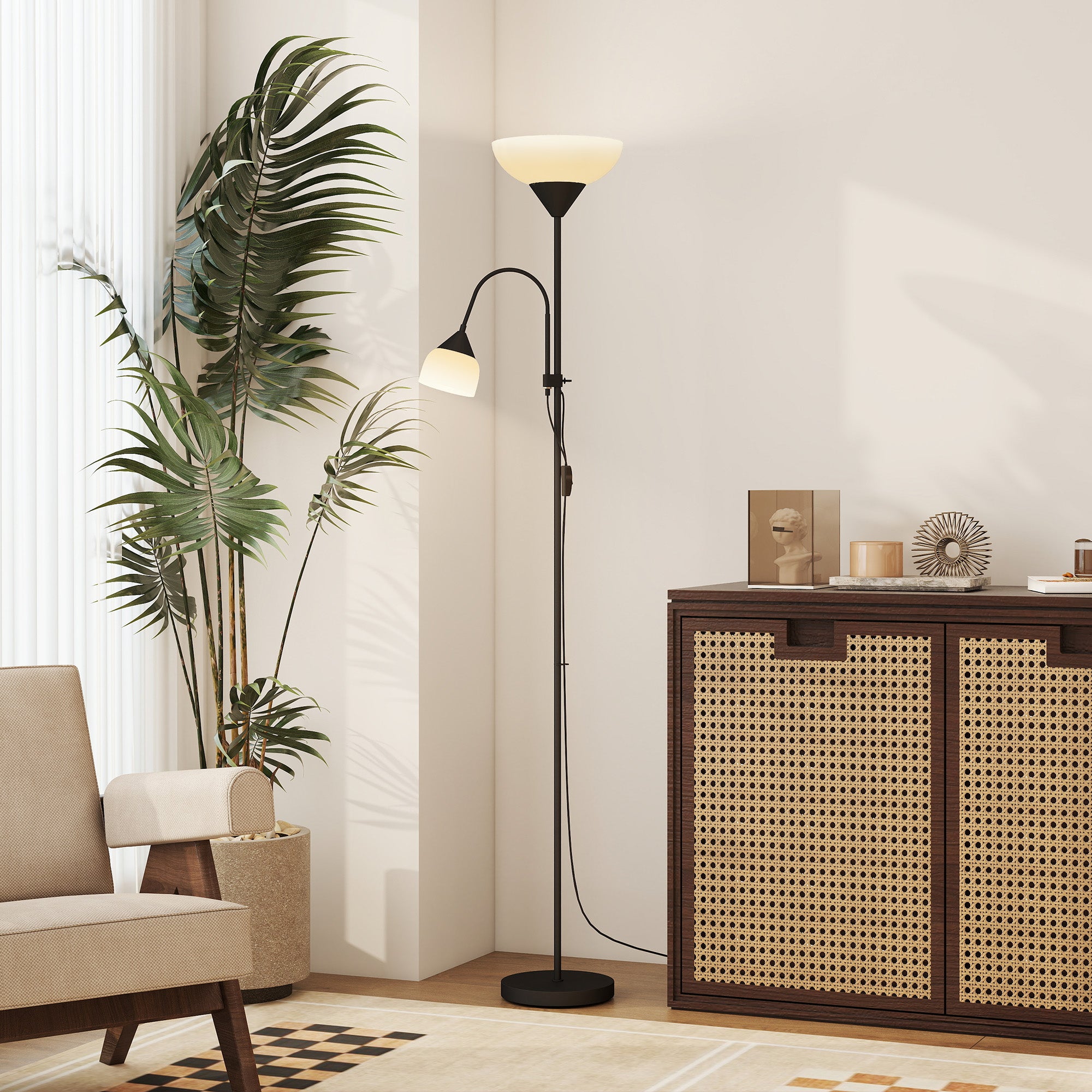 LED Floor Lamp for Living Room, 180cm Tall Standing Lamp, Mother and Child Uplighter with Adjustable Gooseneck, 3000K/4500K/6500K Colour Temperatures, Black