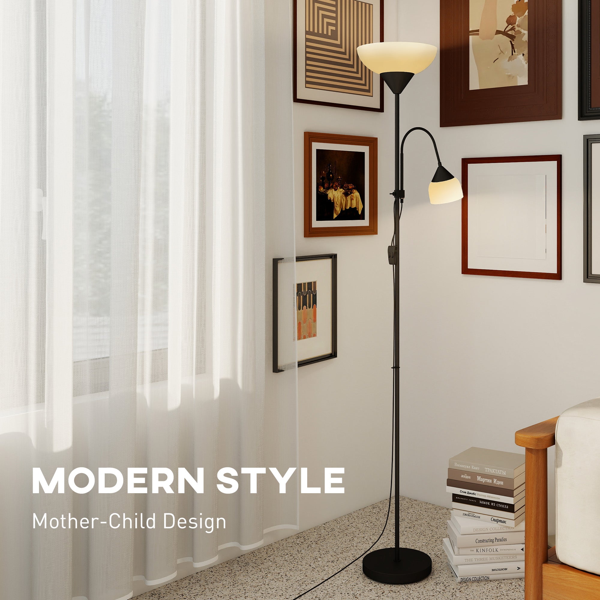 LED Floor Lamp for Living Room, 180cm Tall Standing Lamp, Mother and Child Uplighter with Adjustable Gooseneck, 3000K/4500K/6500K Colour Temperatures, Black