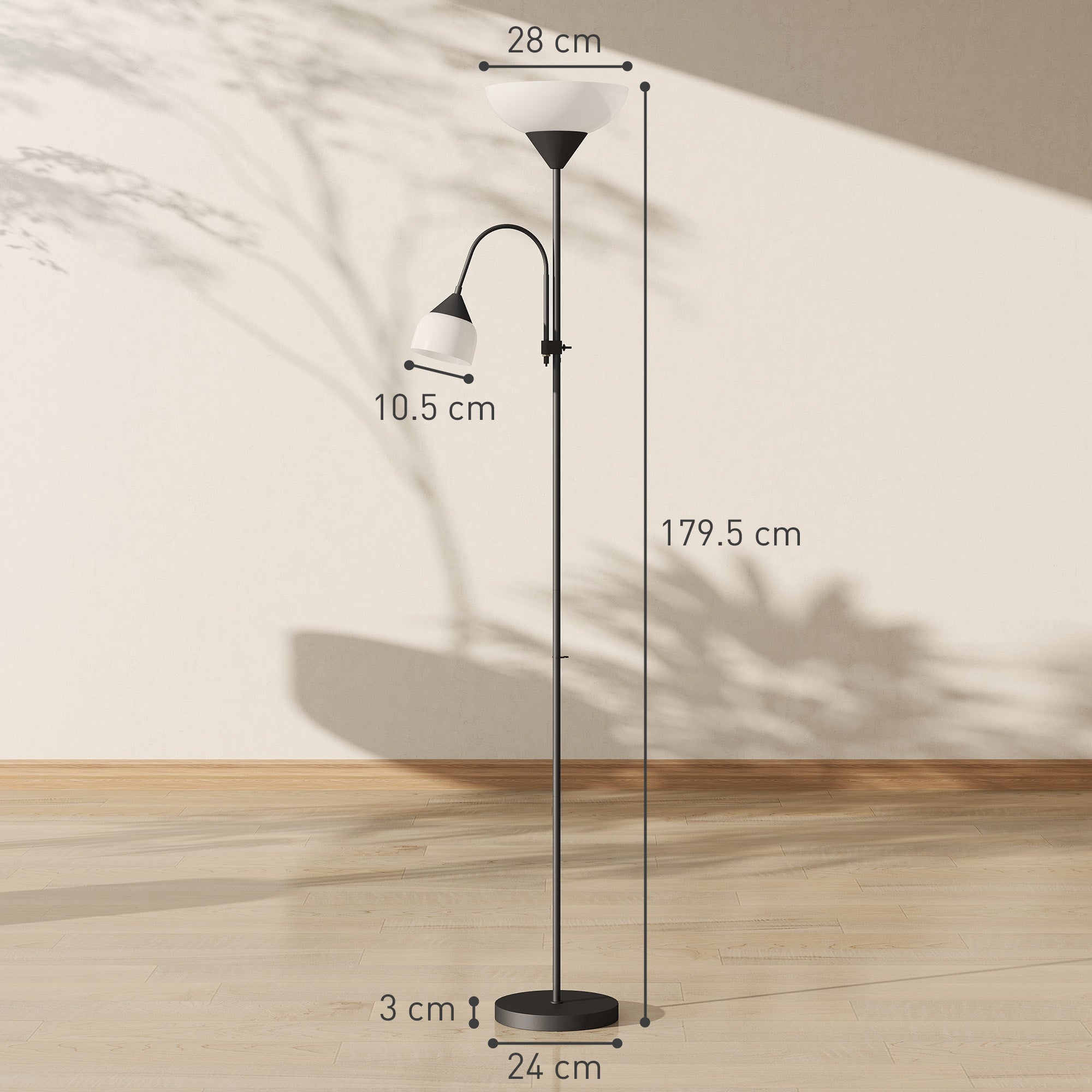 LED Floor Lamp for Living Room, 180cm Tall Standing Lamp, Mother and Child Uplighter with Adjustable Gooseneck, 3000K/4500K/6500K Colour Temperatures, Black