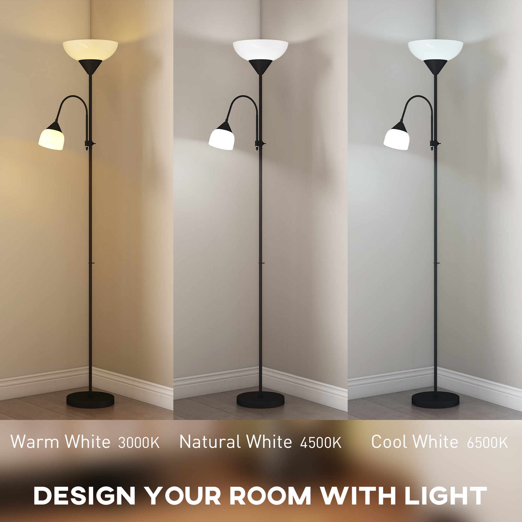 LED Floor Lamp for Living Room, 180cm Tall Standing Lamp, Mother and Child Uplighter with Adjustable Gooseneck, 3000K/4500K/6500K Colour Temperatures, Black