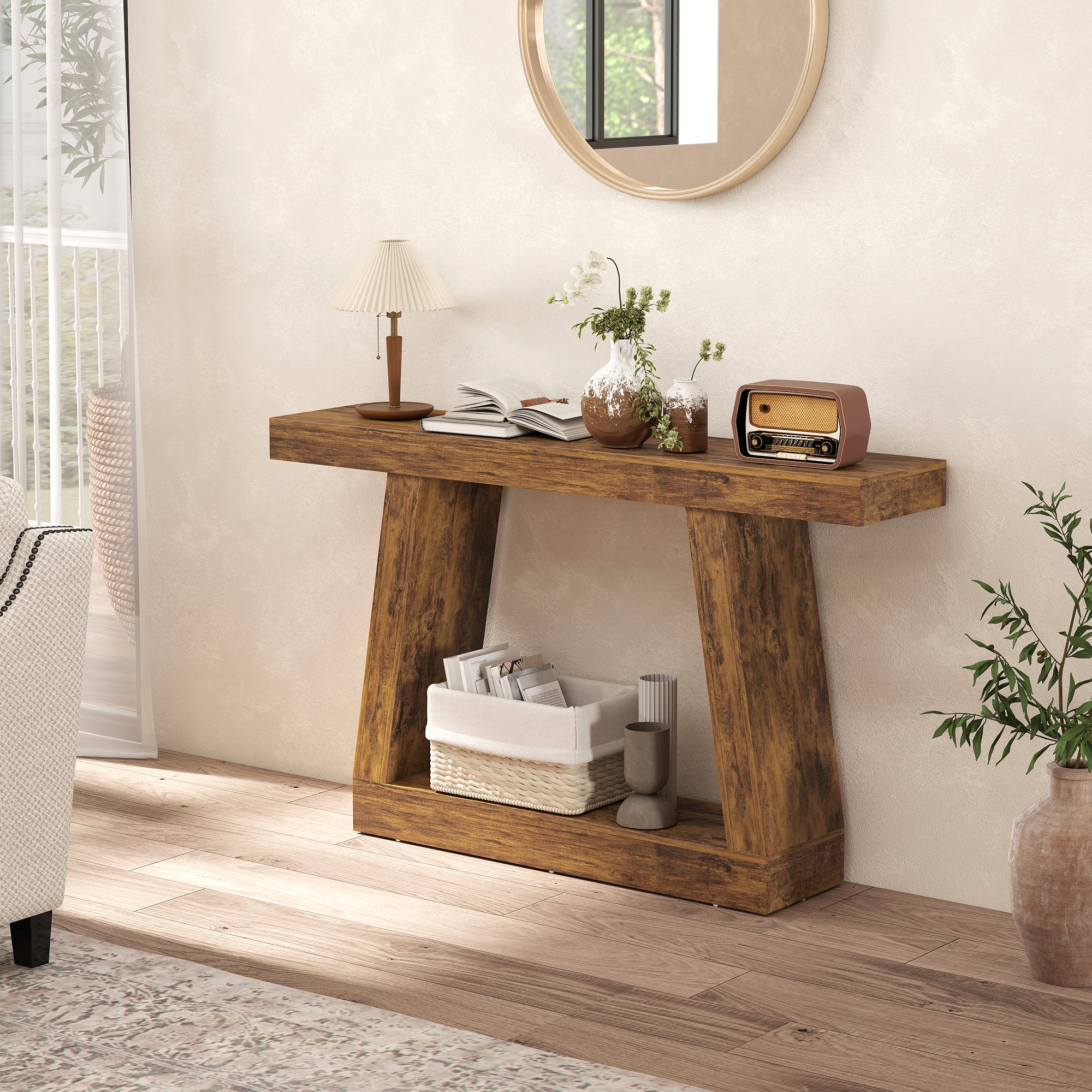 55" Farmhouse Console Table, 2-Tier Entryway Table with Storage and Thickened Tabletop for Hallway, Living Room, Entrance, Behind Couch, Dark Brown