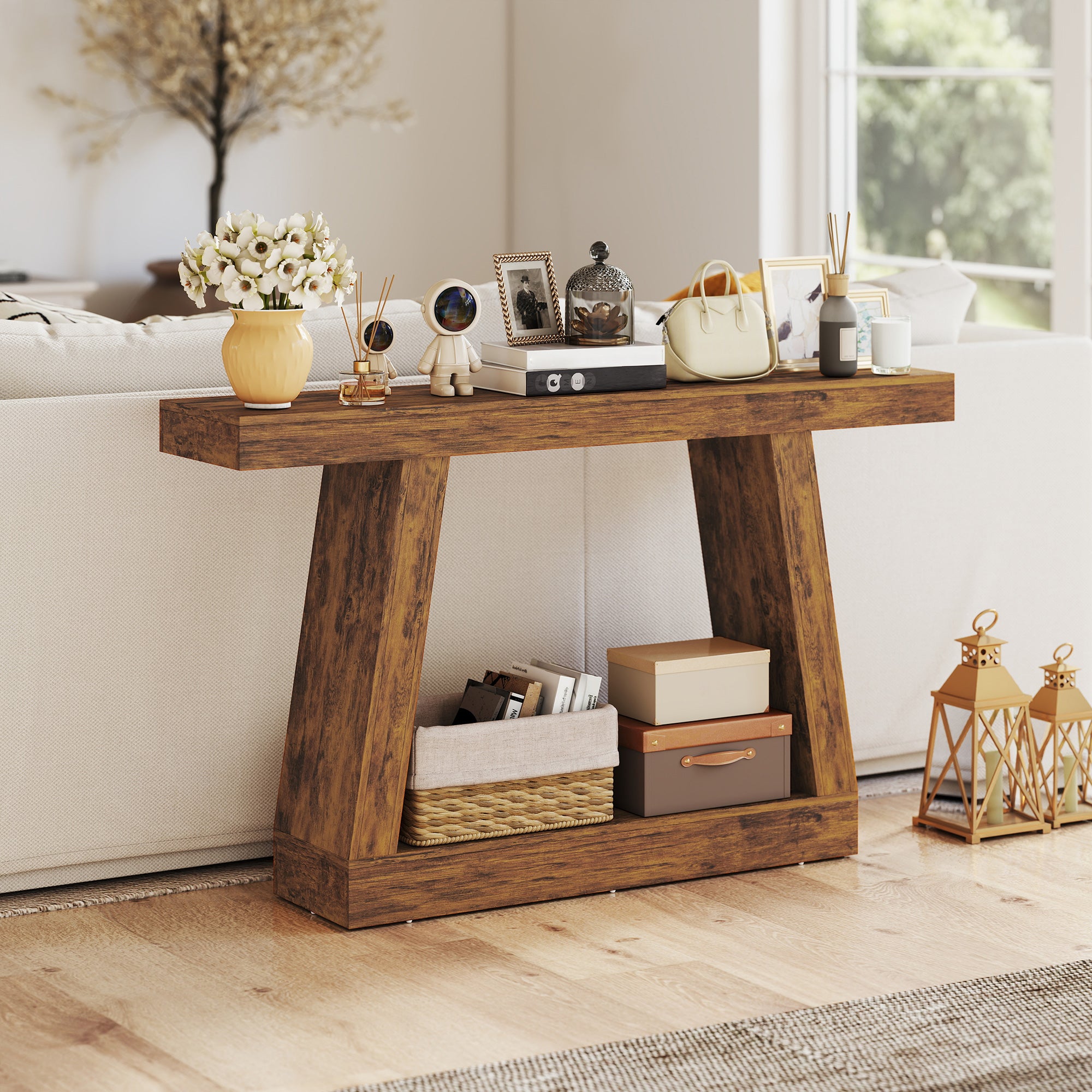 55" Farmhouse Console Table, 2-Tier Entryway Table with Storage and Thickened Tabletop for Hallway, Living Room, Entrance, Behind Couch, Dark Brown
