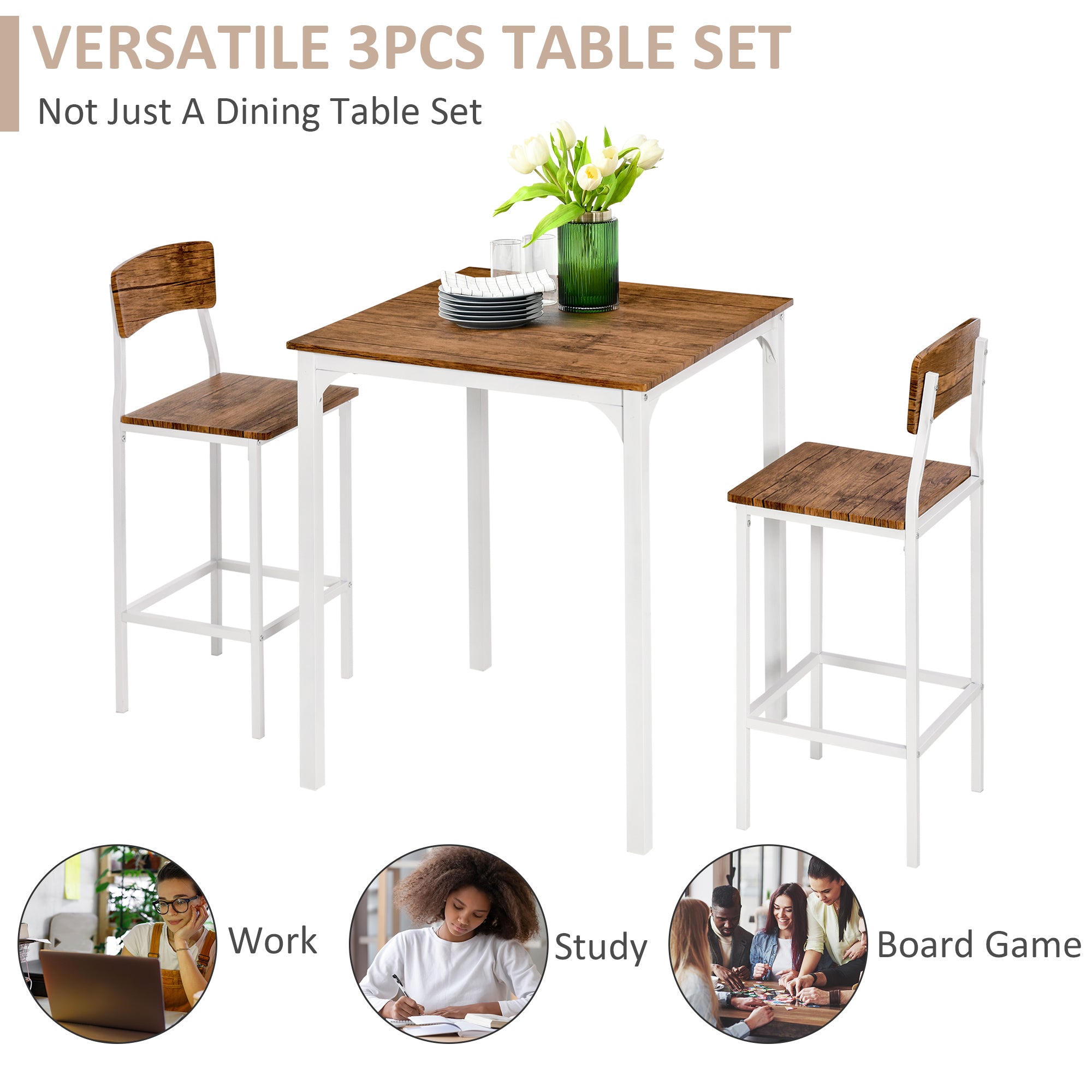 3 Piece Industrial Counter Height Dining Table Set w/ Steel Legs & Footrests, White