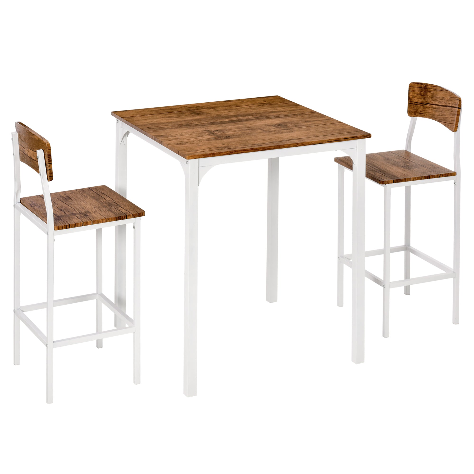 3 Piece Industrial Counter Height Dining Table Set w/ Steel Legs & Footrests, White