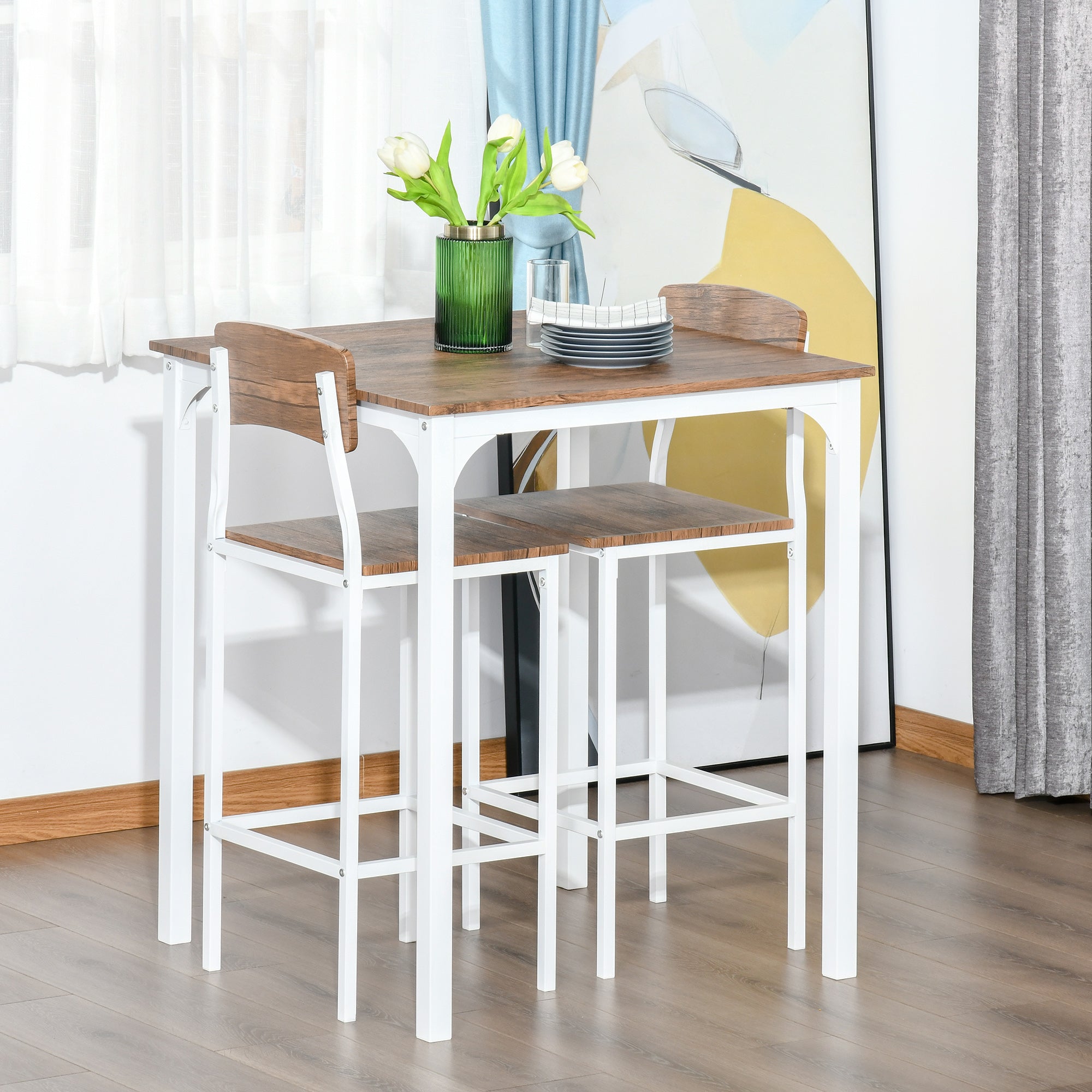 3 Piece Industrial Counter Height Dining Table Set w/ Steel Legs & Footrests, White