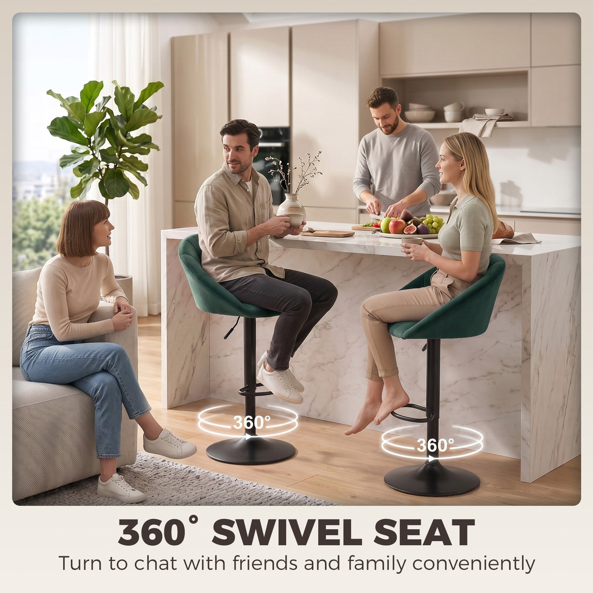 Breakfast Bar Stools Set of 2, Modern Velvet-Feel Swivel BarStools, Adjustable Counter Height Bar Chairs with Backrest and Footrest for Kitchen Island, Dining Room, Bar, Dark Green