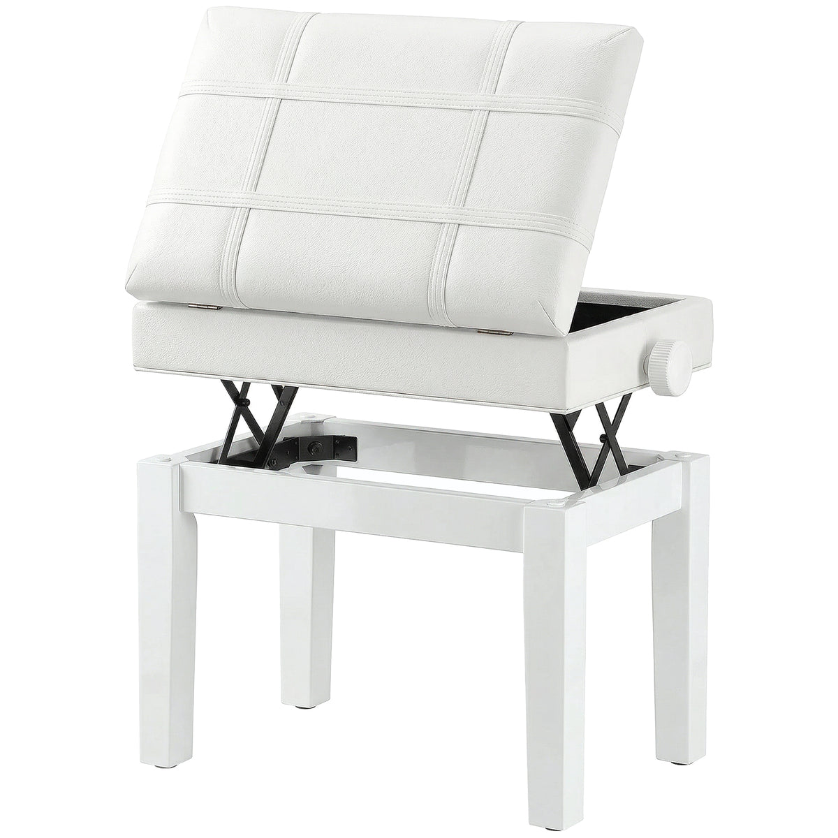 24.8" Adjustable Piano Bench with Padded Cushion and Storage, Faux Leather Keyboard Bench with Solid Wood Legs, White