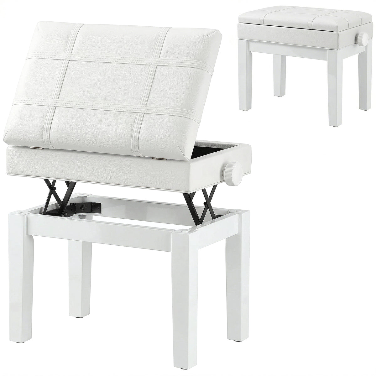 24.8" Adjustable Piano Bench with Padded Cushion and Storage, Faux Leather Keyboard Bench with Solid Wood Legs, White