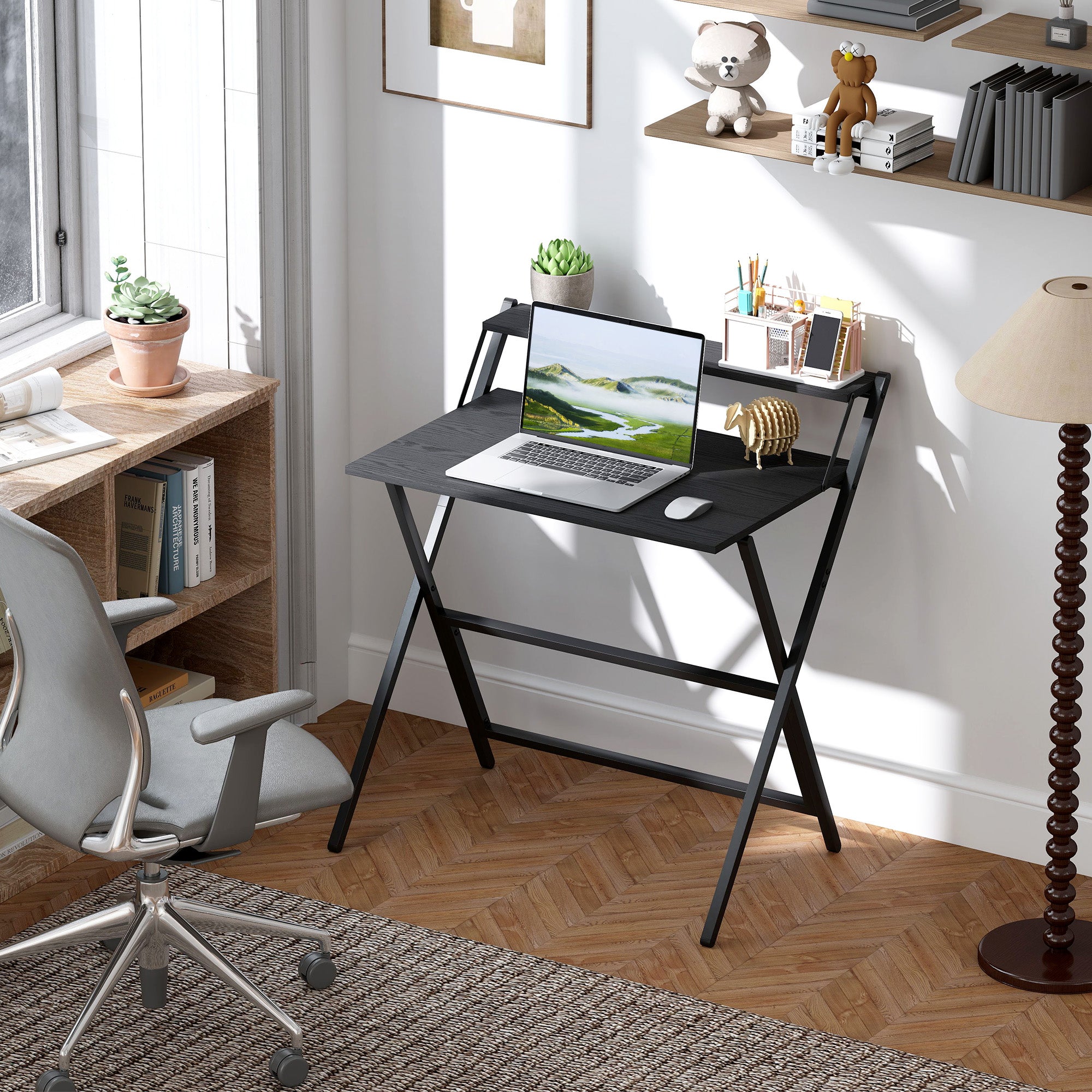 Folding Desk with Monitor Shelf, 81.5 cm Foldable Computer Desk for Small Spaces, Space Saving Writing Table Workstation for Home Office, Study, Easy Assembly, Black