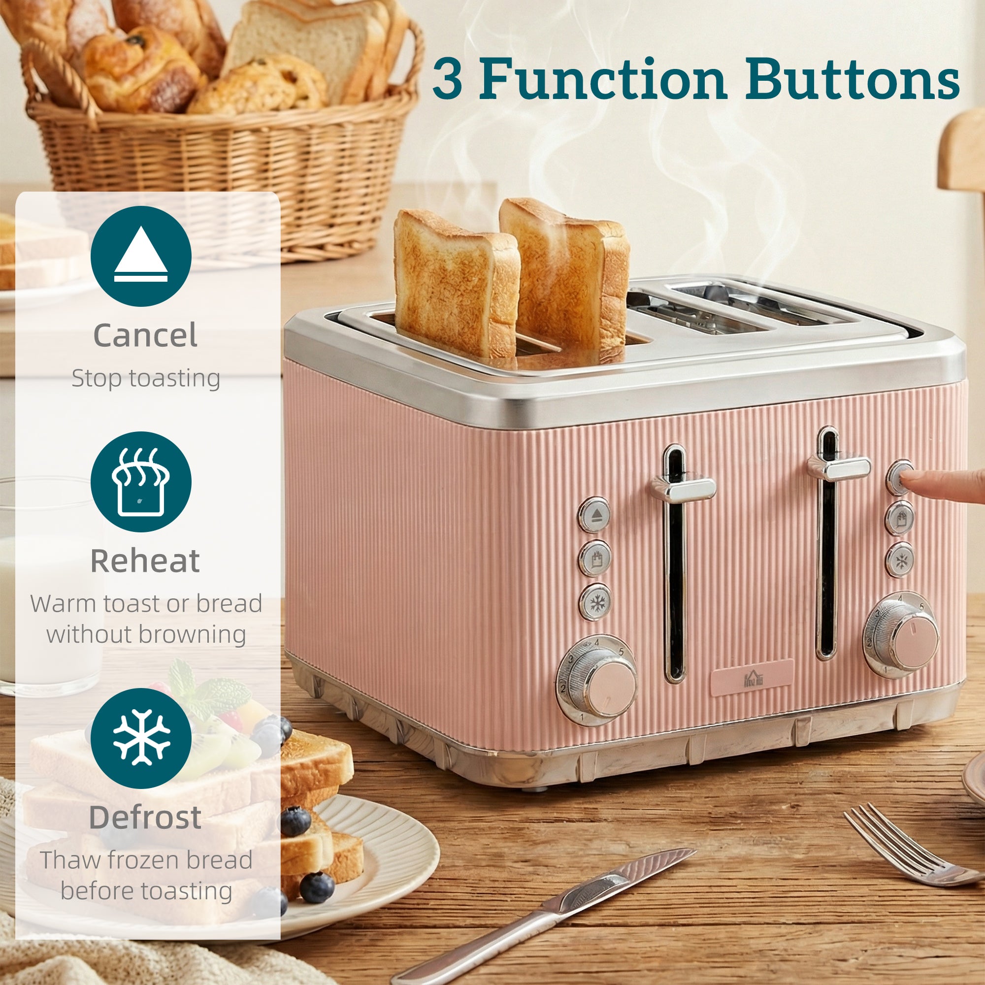 Electric Stainless Steel Kettle and Toaster Set, 3000W 1.7L UK Strix Thermostat Fast Boil Kettle w/ Limescale Filter, Cool Touch Body, 4 Slice Toaster with 7 Browning Levels, Crumb Tray, Pink