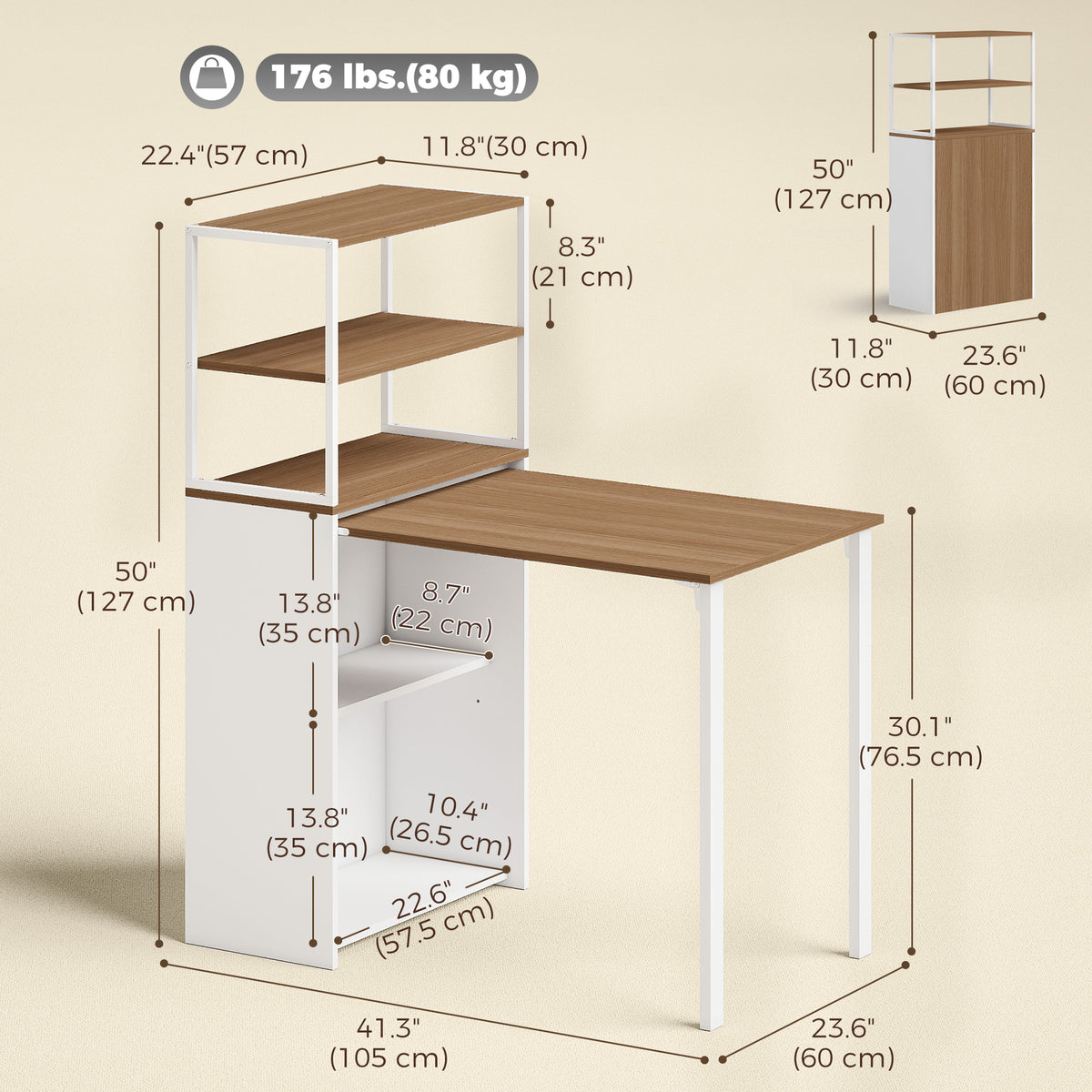 Folding Computer Desk with 4-Tier Bookshelf, 41" Space-Saving Home Office Desk, 2-in-1 Compact Industrial Office Table for Small Spaces, Home Office, Natural