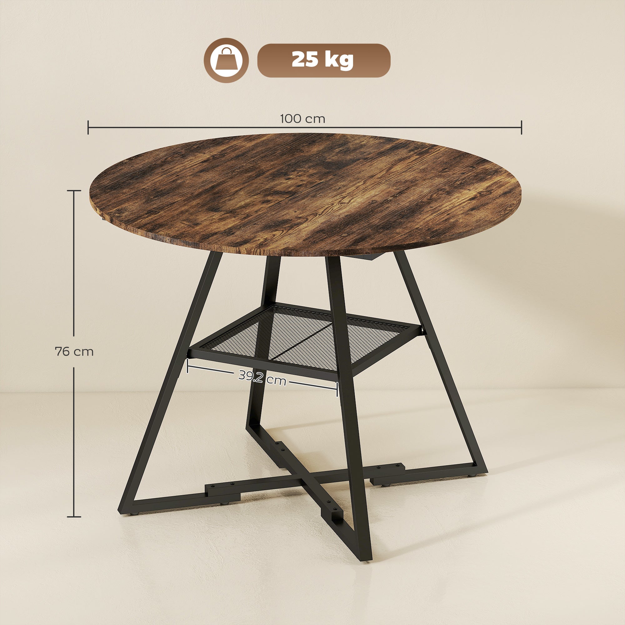 Dining Table for 4 People, 100 cm Round Industrial Kitchen Table with Storage Shelf, Wood Effect Tabletop, Metal Base for Kitchen, Dining Room, Living Room, Rustic Brown