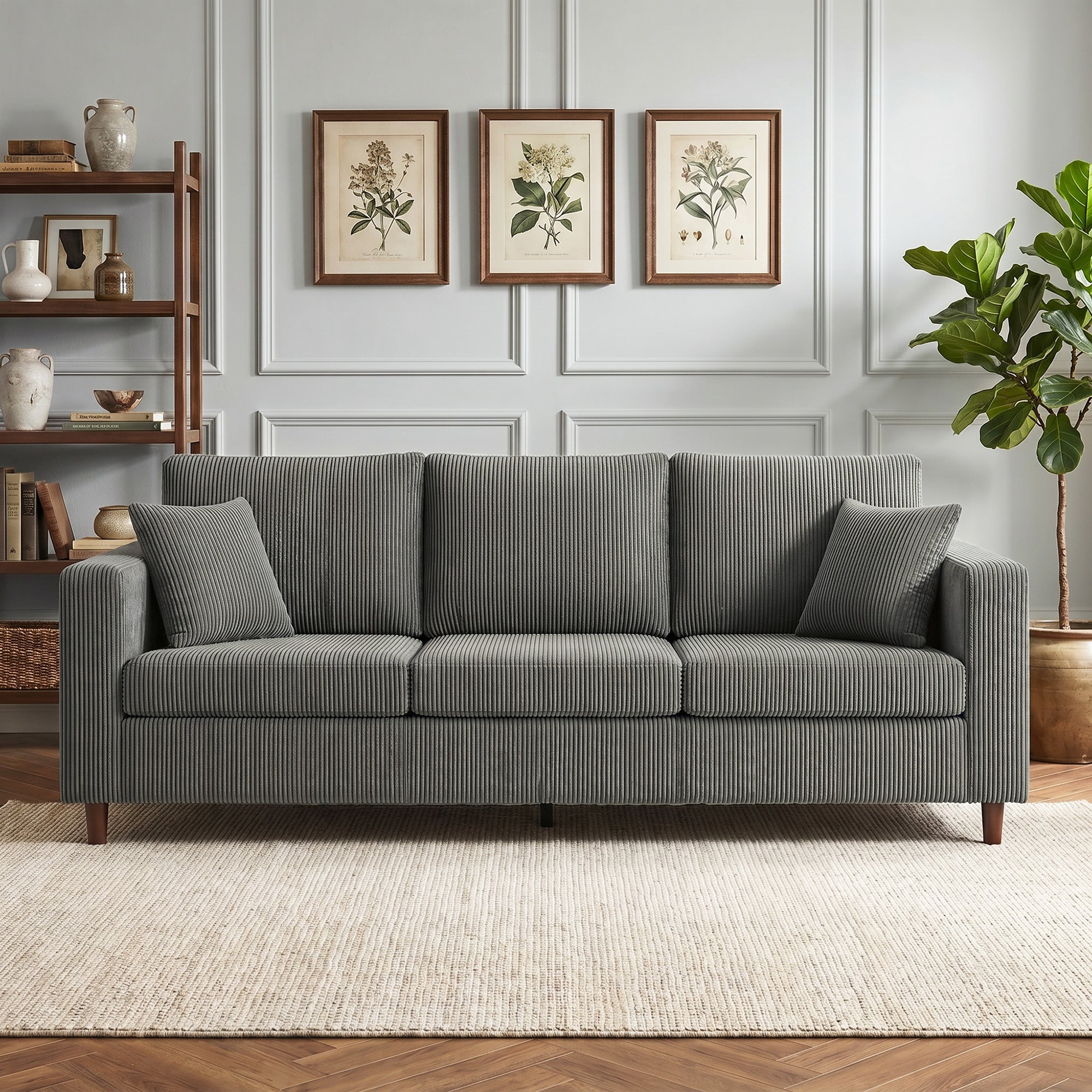 3 Seater Sofa, 225 cm Comfy Corduroy Couch with Wide Deep Seat, Wide Armrests, Spring Cushion, Thick Padded, Solid Wood Legs, Fabric Sofa for Living Room, Light Grey