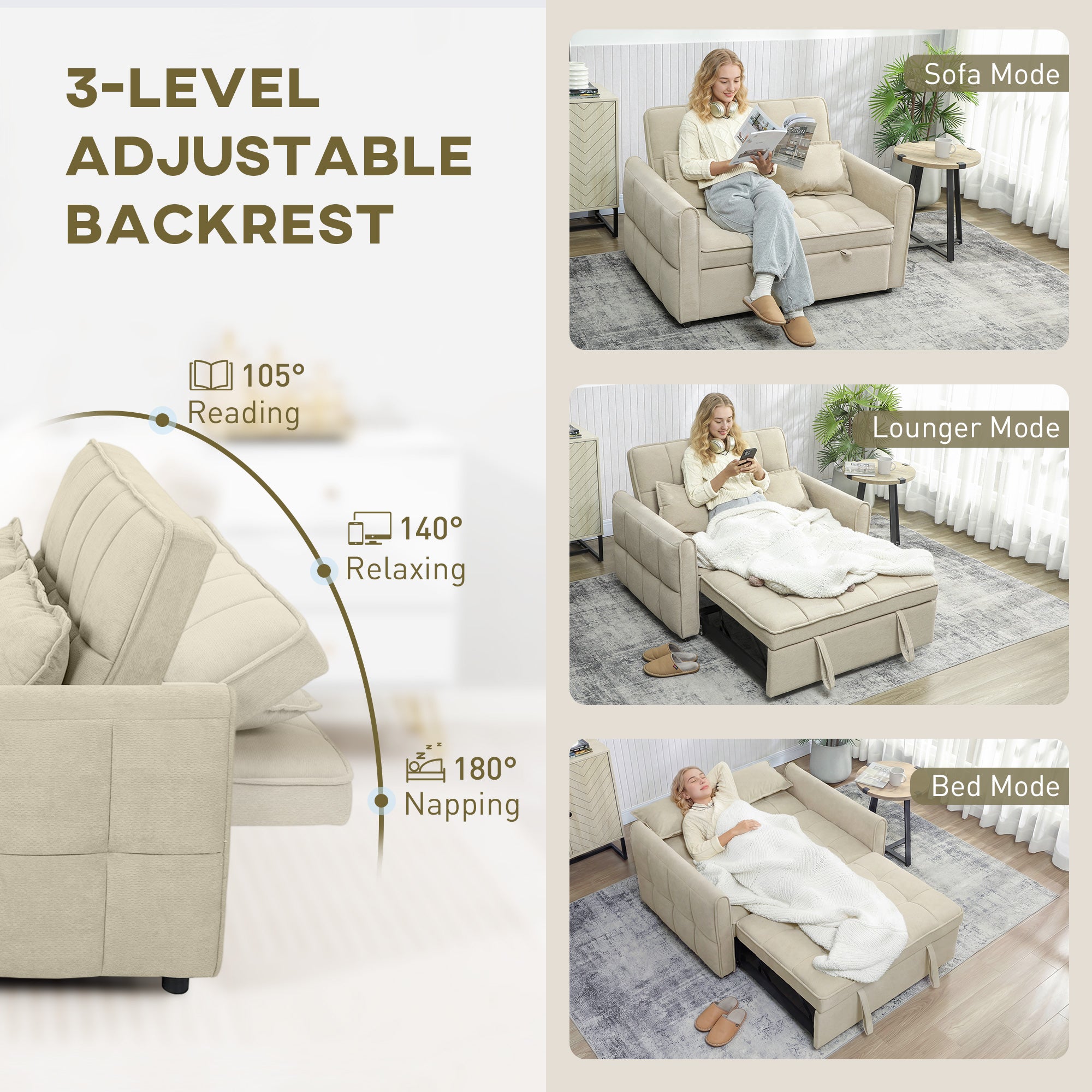 2 Seater Sofa Bed, 3-in-1 Convertible Sleeper Sofa with Click-clack Adjustable Backrest and 2 Pillows, Pull Out Corn Velvet-feel Fabric Bed Settee for Living Room, Guest Room, Light Brown