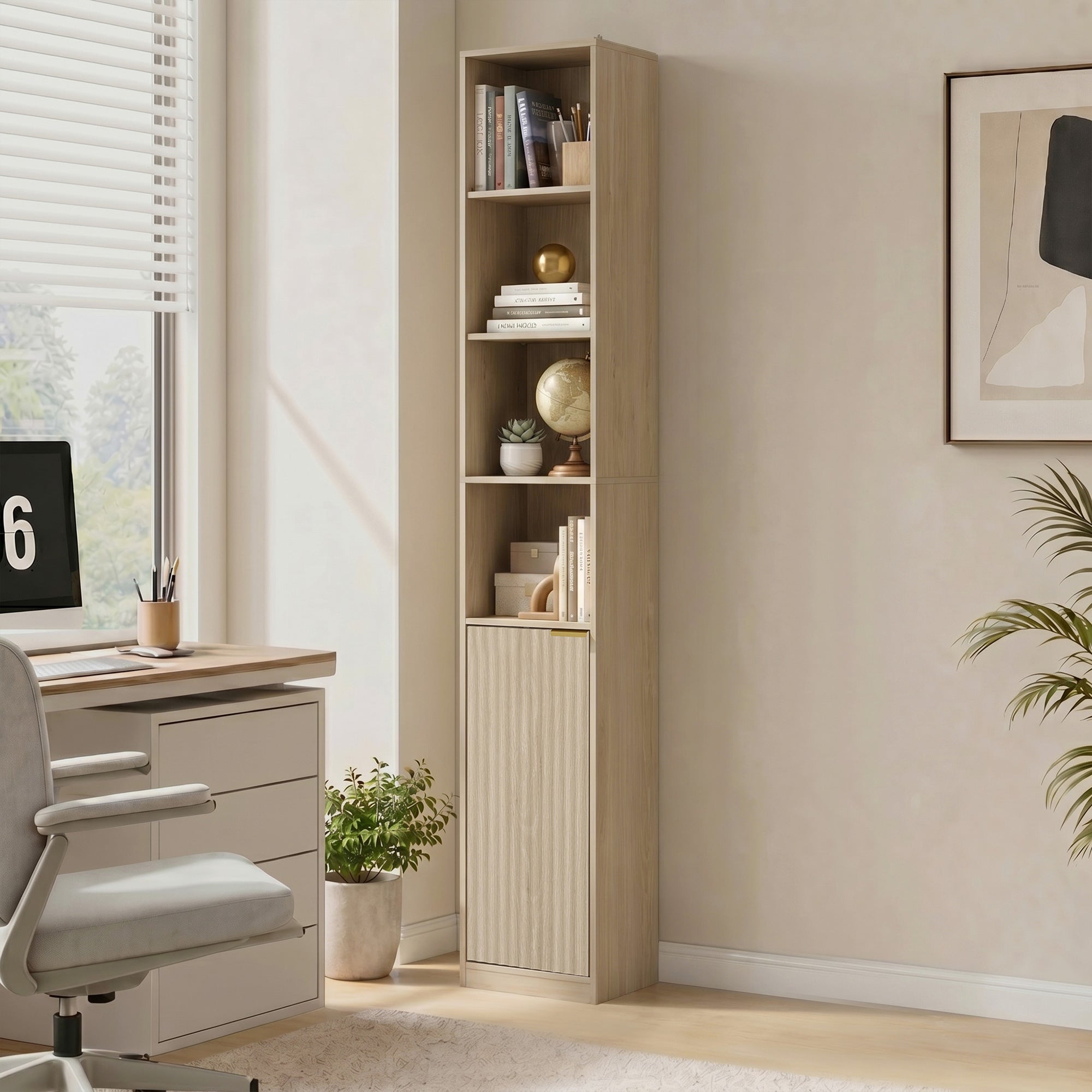 Bookcase, 6-Tier Tall Bookshelf, Open Book Shelf with Storage Cabinet and Adjustable Shelf, Anti-Tip Hardware for Living Room, Bedroom, Home Office, Oak Wood Effect