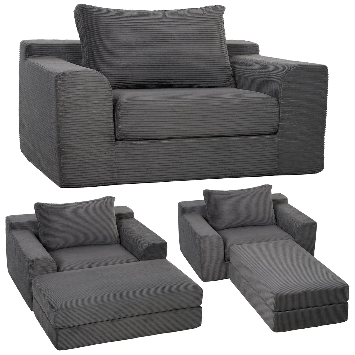 51" Chair Bed, Corduroy Upholstered Sleeper Chair with Pillow, Boneless Floor Sofa for Living Room, Bedroom, Apartment, Office, Dark Grey