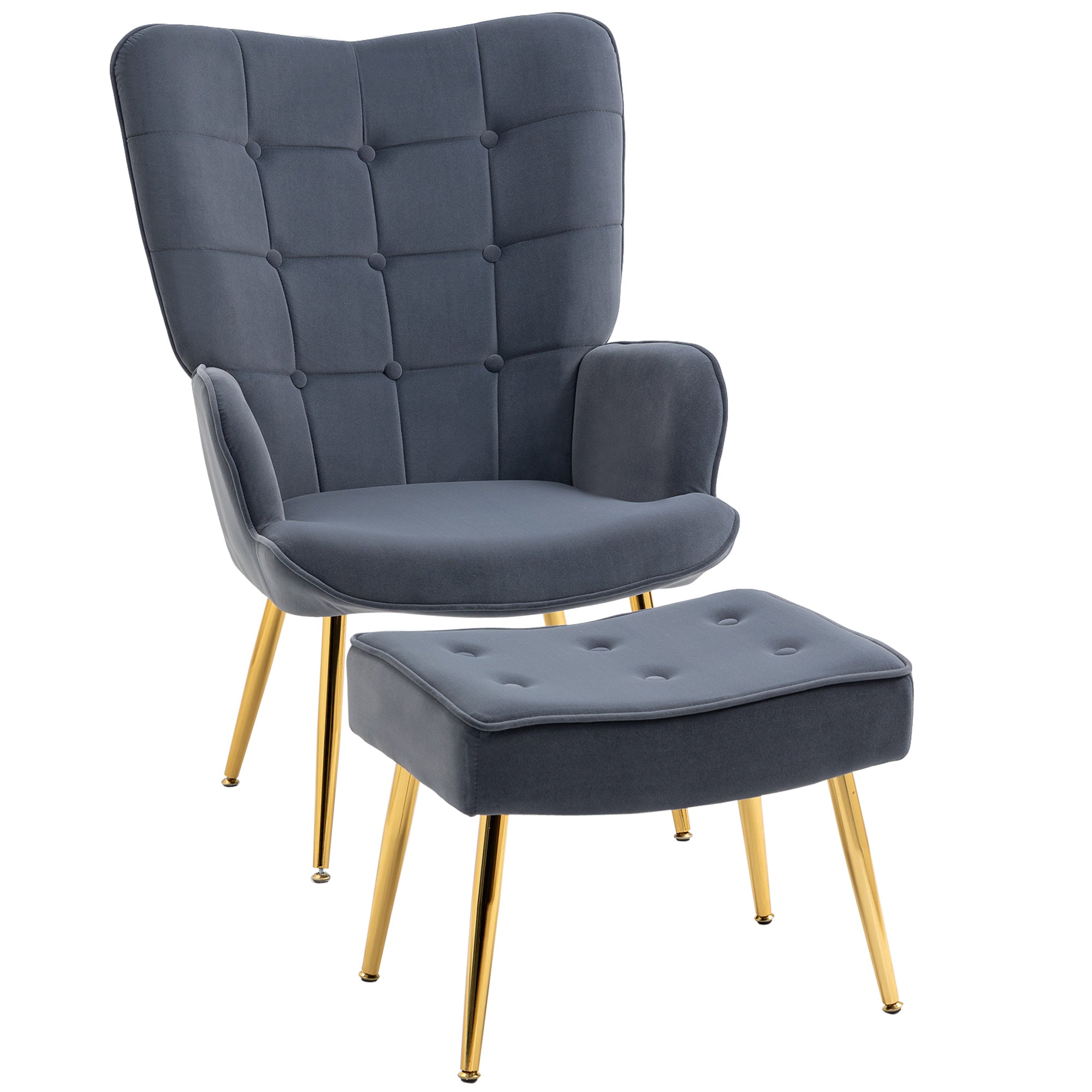 HOMCOM Modern Accent Chair with Ottoman, Upholstered Armchair with Footrest, Gold Metal Legs for Living Room, Bedroom, Dark Grey