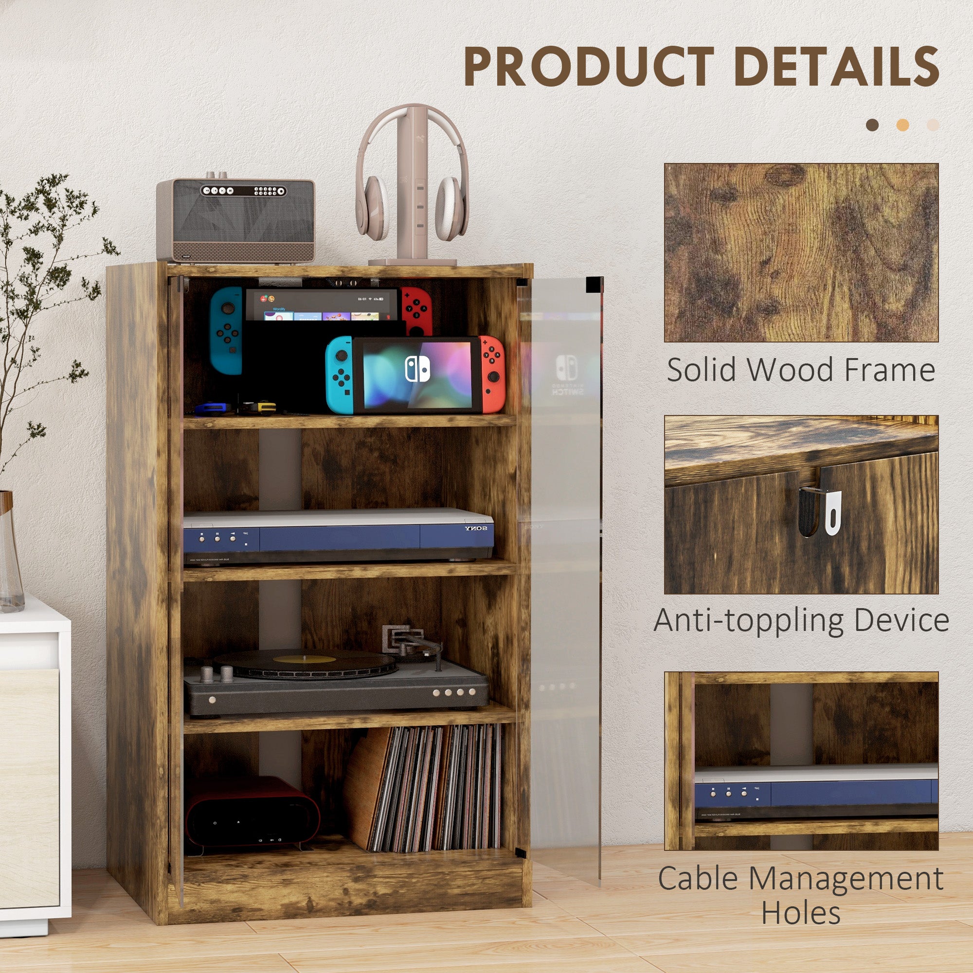 4-Tier Media Cabinet Stand w/ Adjustable Shelves & Cable Management, Rustic Brown - HOMCOM