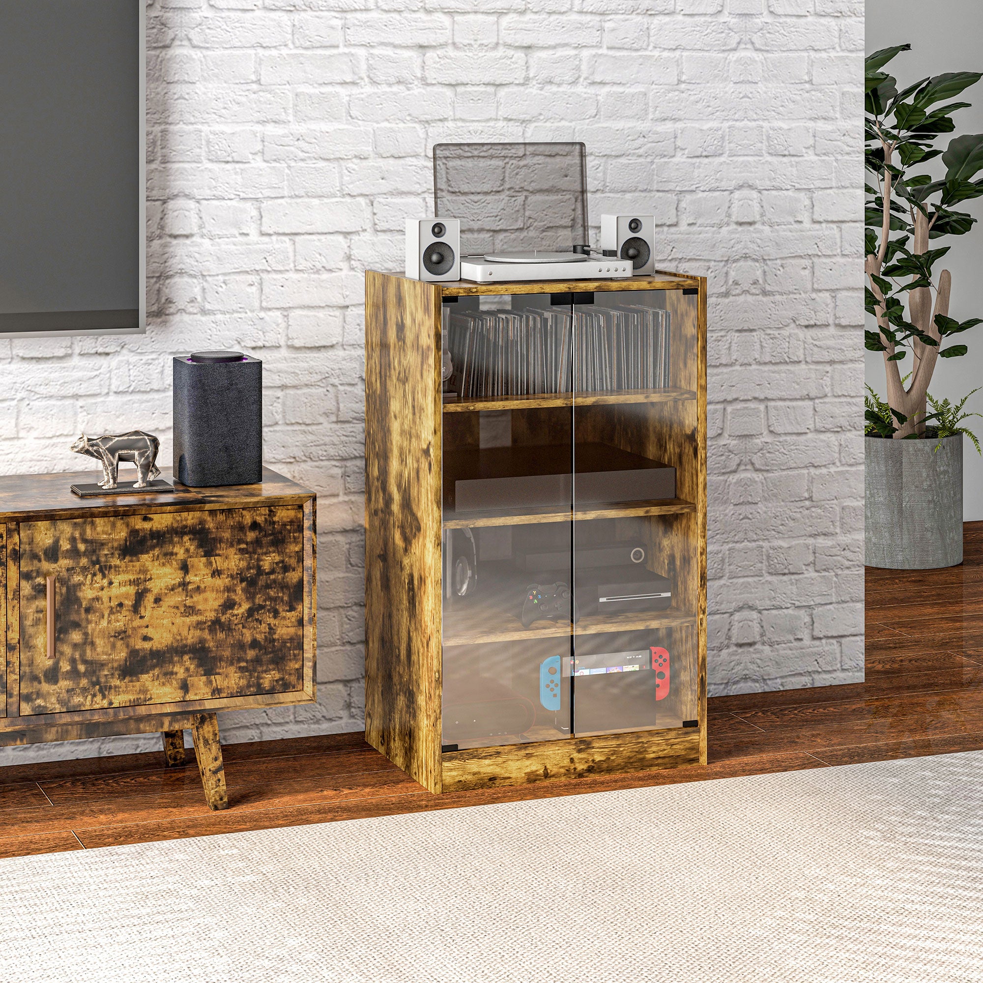 4-Tier Media Cabinet Stand w/ Adjustable Shelves & Cable Management, Rustic Brown - HOMCOM