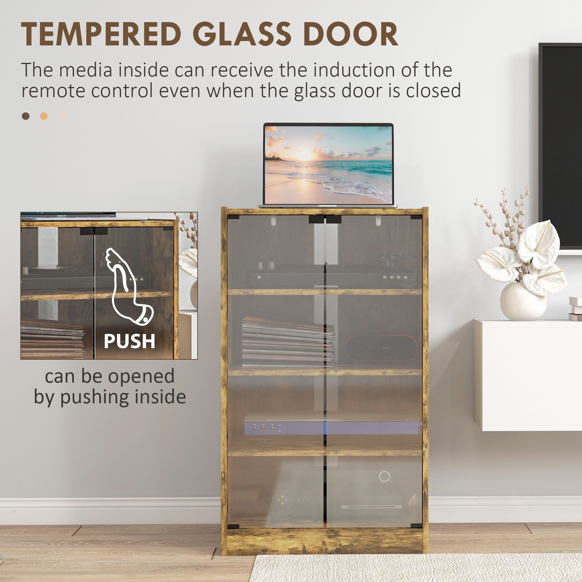 4-Tier Media Cabinet Stand w/ Adjustable Shelves & Cable Management, Rustic Brown - HOMCOM