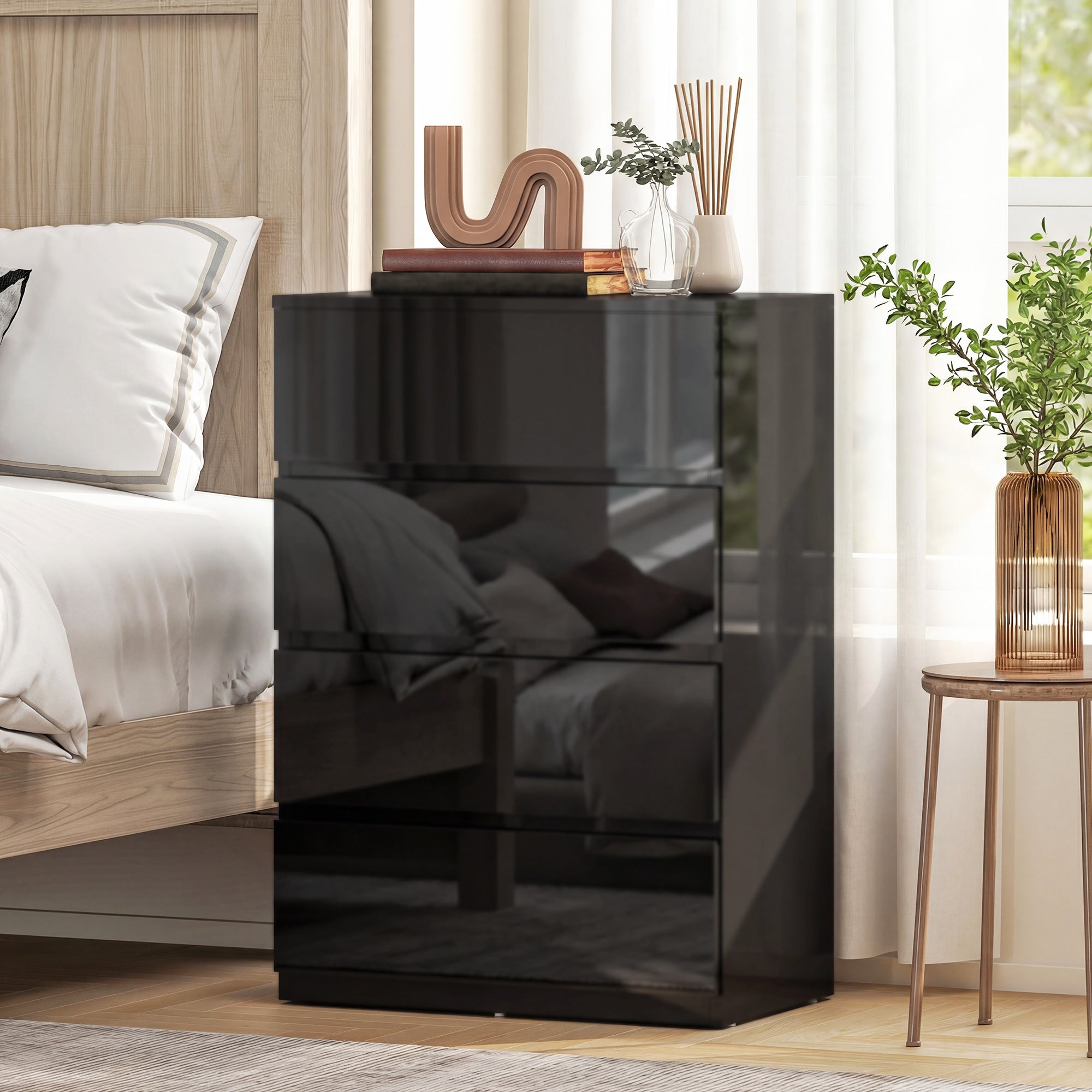Chest of Drawers, 4 Drawers Storage Cabinet Floor Tower Cupboard for Bedroom Living Room, High Gloss Black