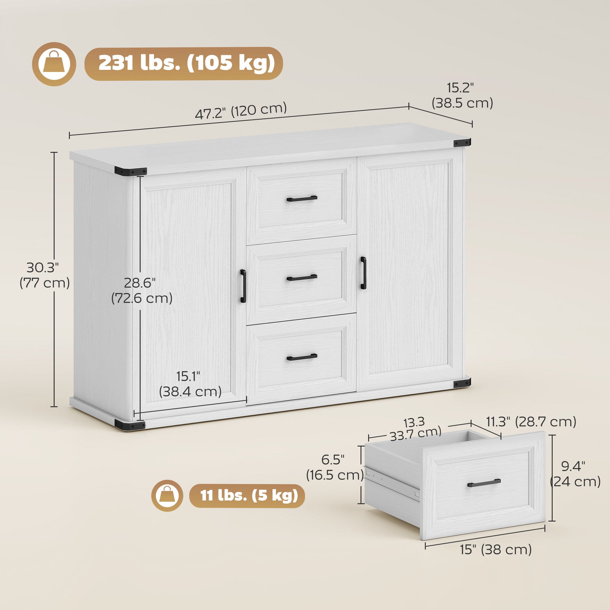 Modern Sideboard Buffet Cabinet with 3 Drawers and 2 Doors, 47" Coffee Bar Cabinet with Adjustable Shelves for Kitchen, White Wood Grain