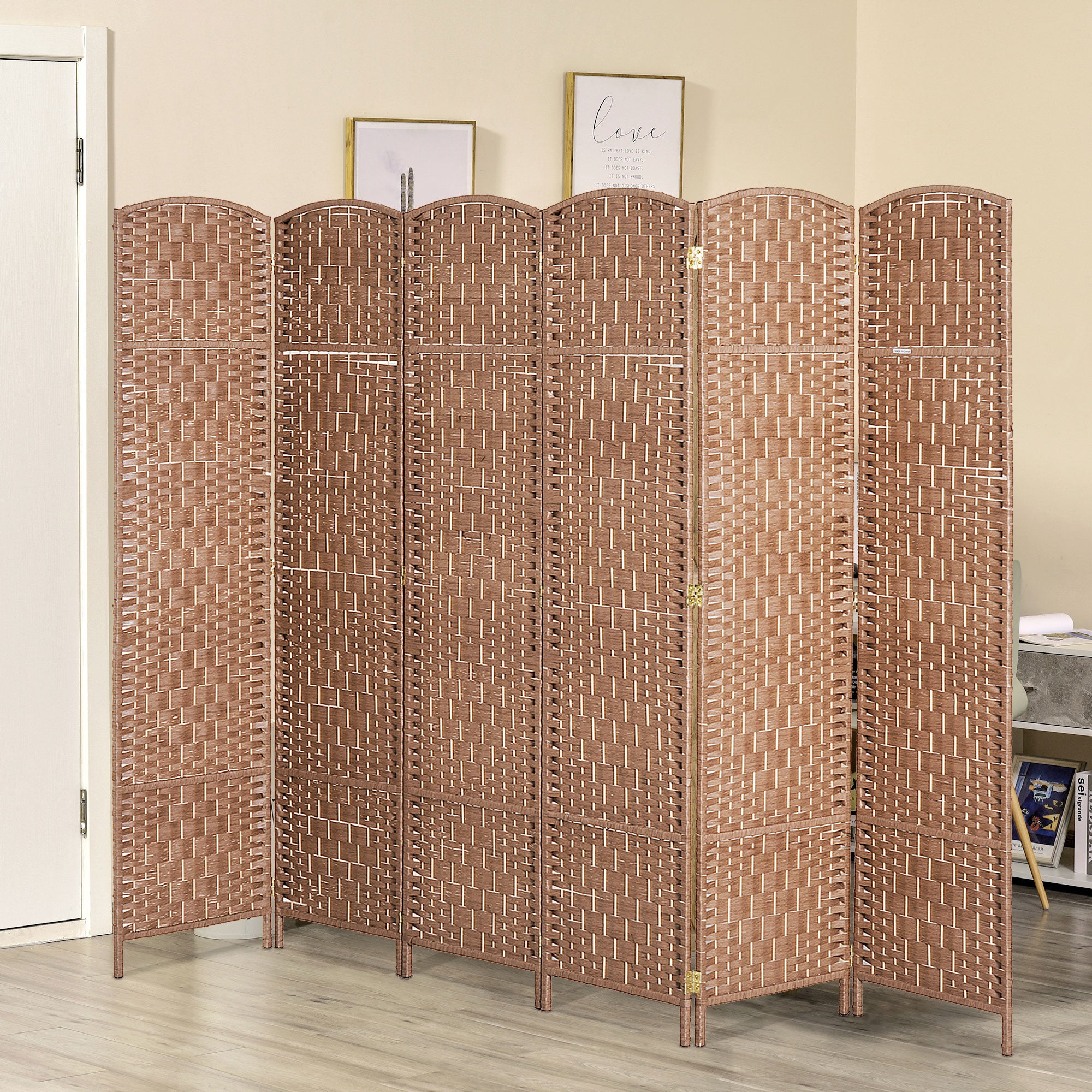 HOMCOM 6 Panels Room Divider, 6 Ft Tall Indoor Portable Folding Privacy Screens, Hand-Woven Double Hinged Freestanding Partition Wall Divider for Home Office, Natural