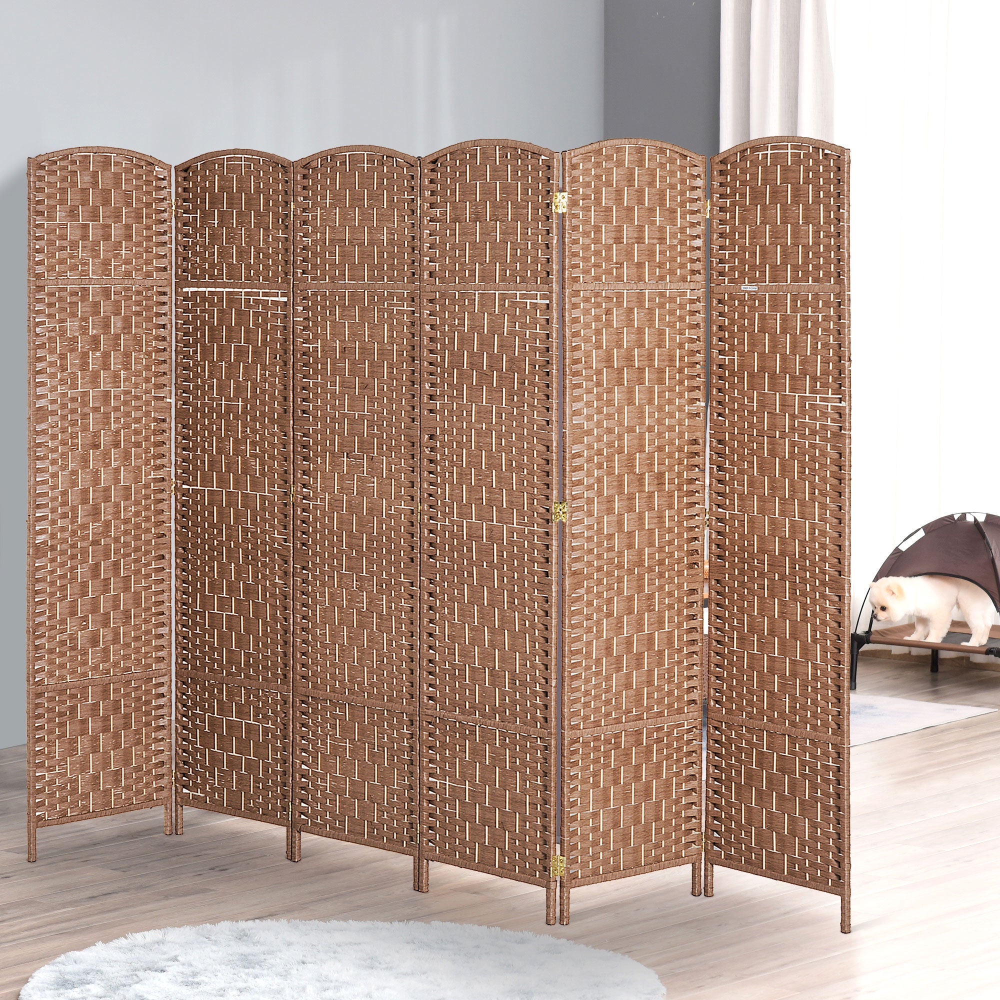 HOMCOM 6 Panels Room Divider, 6 Ft Tall Indoor Portable Folding Privacy Screens, Hand-Woven Double Hinged Freestanding Partition Wall Divider for Home Office, Natural