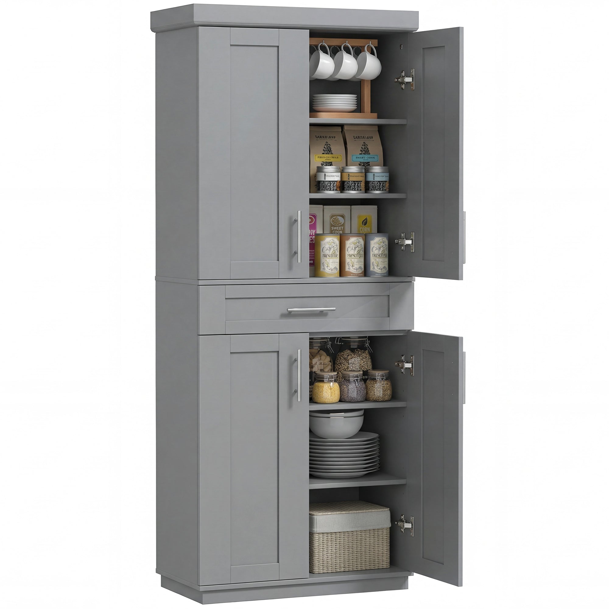 72" Kitchen Pantry Cabinet, Freestanding Tall Storage Cabinet with 4 Doors, Drawer and 3 Adjustable Shelves for Dining Room, Gray