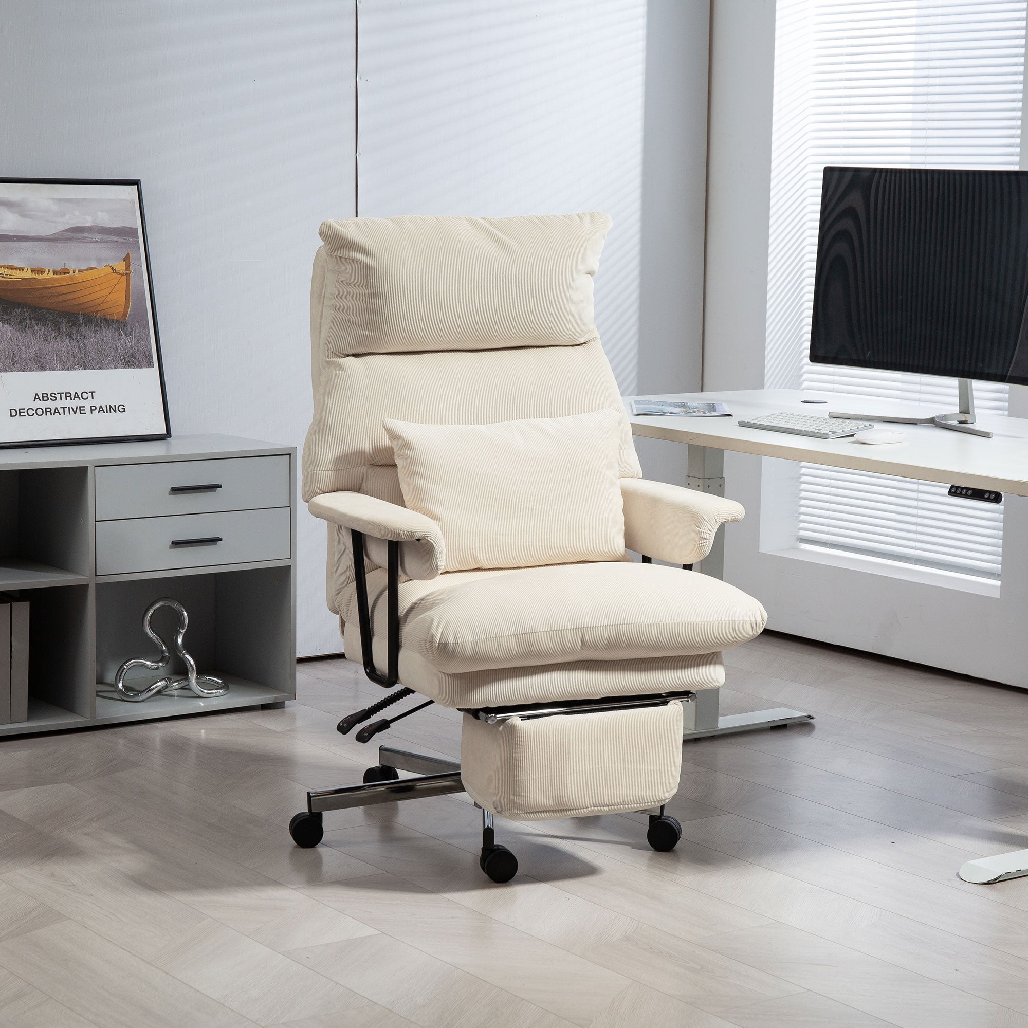 HOMCOM Large Overstuffed Office Chair with Lumbar Support, High Back Reclining Executive Corduroy Computer Desk Chair with Footrest, Swivel Wheels, Cream White